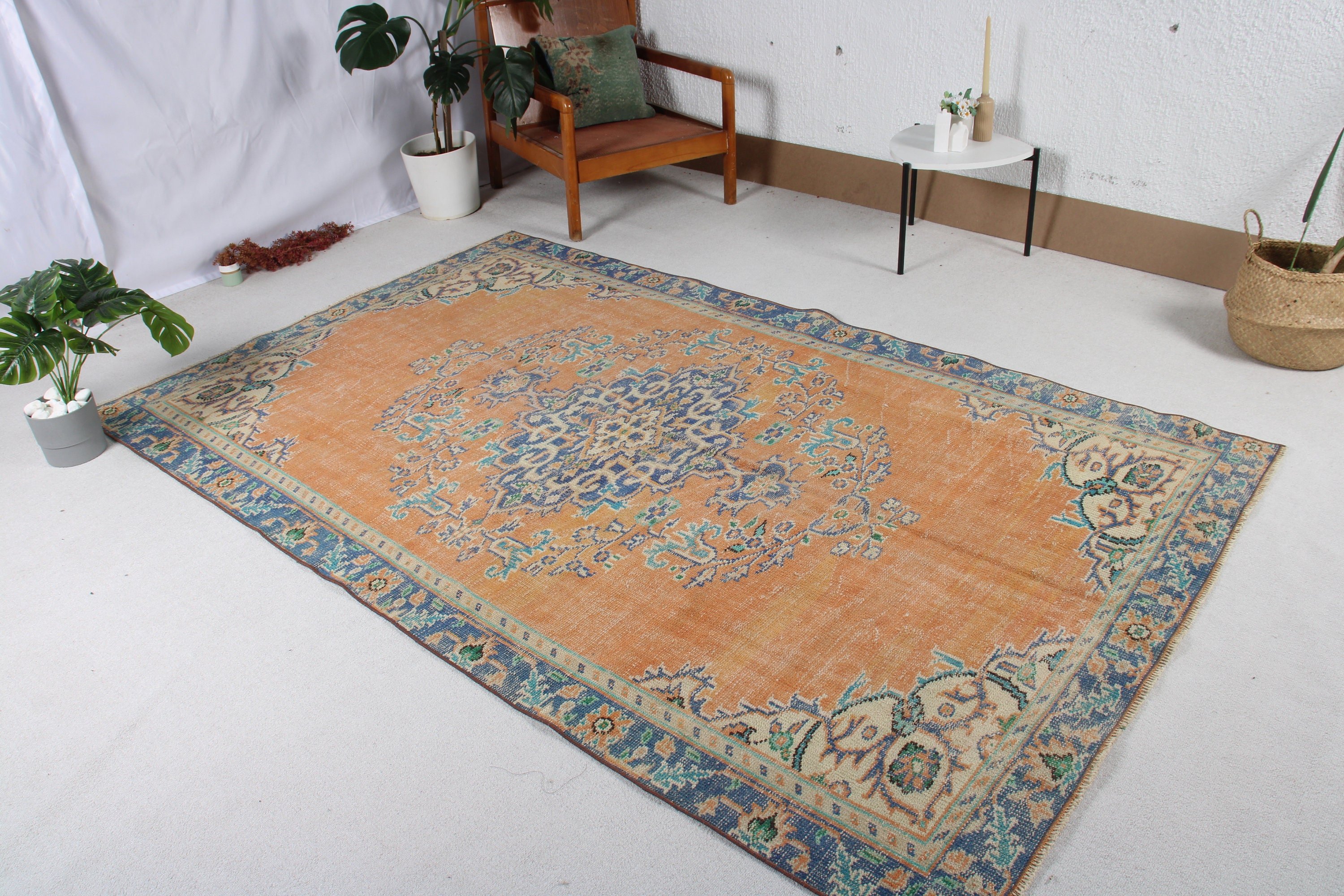 Türk Halıları, Oushak Halıları, Yemek Odası Halısı, Nötr Halı, Turuncu 5,3x8,6 ft Büyük Halılar, Büyük Vintage Halılar, Vintage Halı