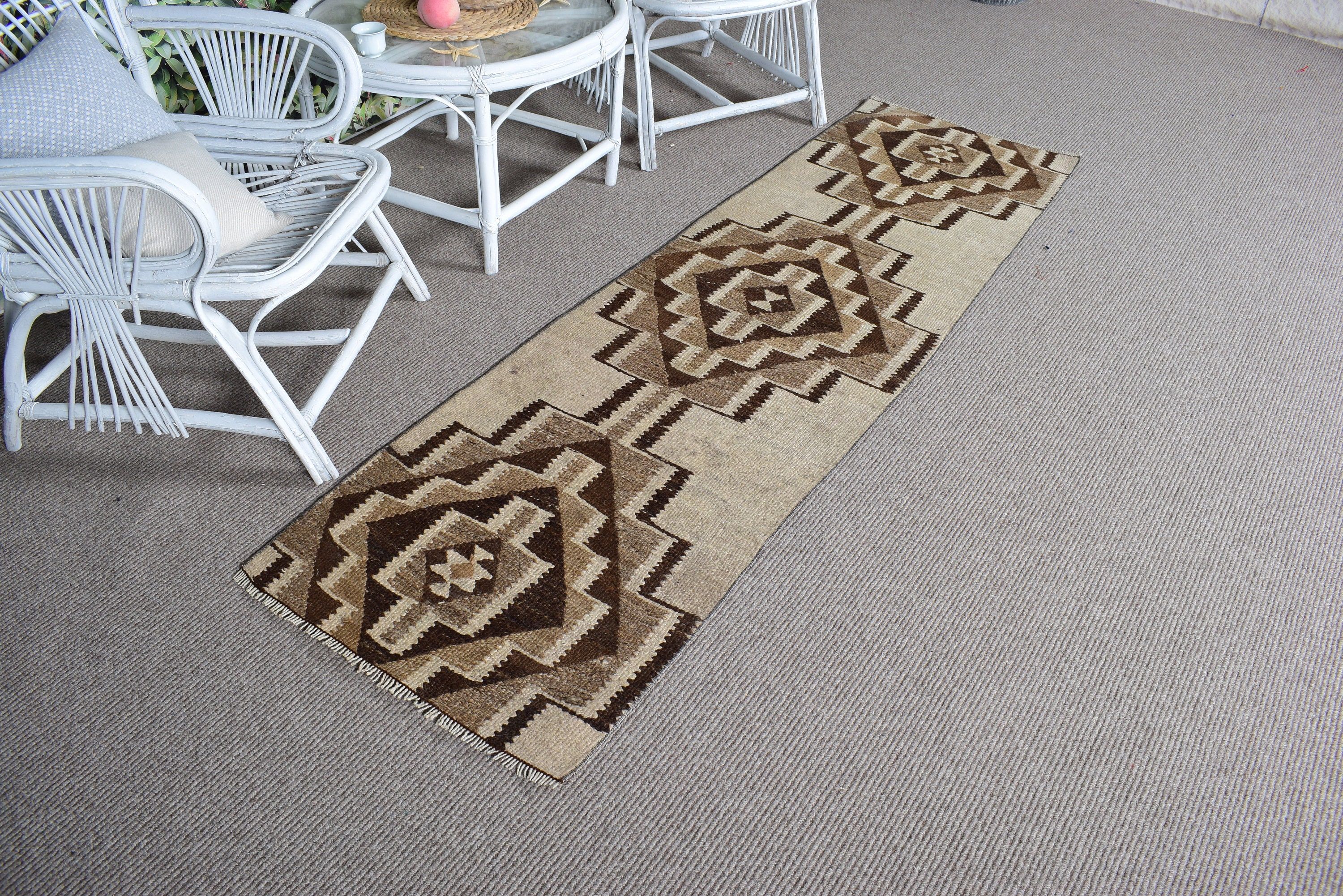 Stair Rugs, Vintage Rugs, Floor Rug, Modern Rug, Vintage Runner Rug, Geometric Rug, Turkish Rugs, Beige Wool Rugs, 2.1x7.1 ft Runner Rug