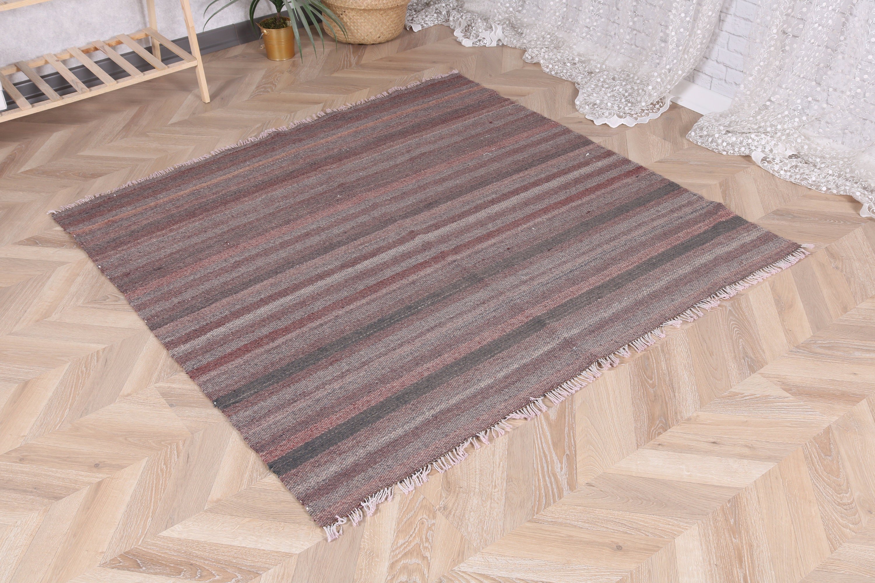 Türk Halısı, Geometrik Halılar, 4,6x4,6 ft Aksan Halısı, Havalı Halı, Boho Vurgulu Halılar, Vintage Halı, Kahverengi Düz Dokuma Halı, Yatak Odası Halıları, Kabile Halıları