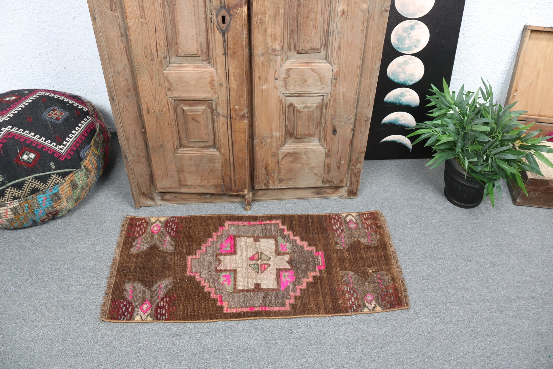 Turkish Rug, Small Area Rug, Brown Geometric Rugs, Luxury Rug, Wall Hanging Rugs, Vintage Rug, 1.4x3.1 ft Small Rugs, Kitchen Rugs