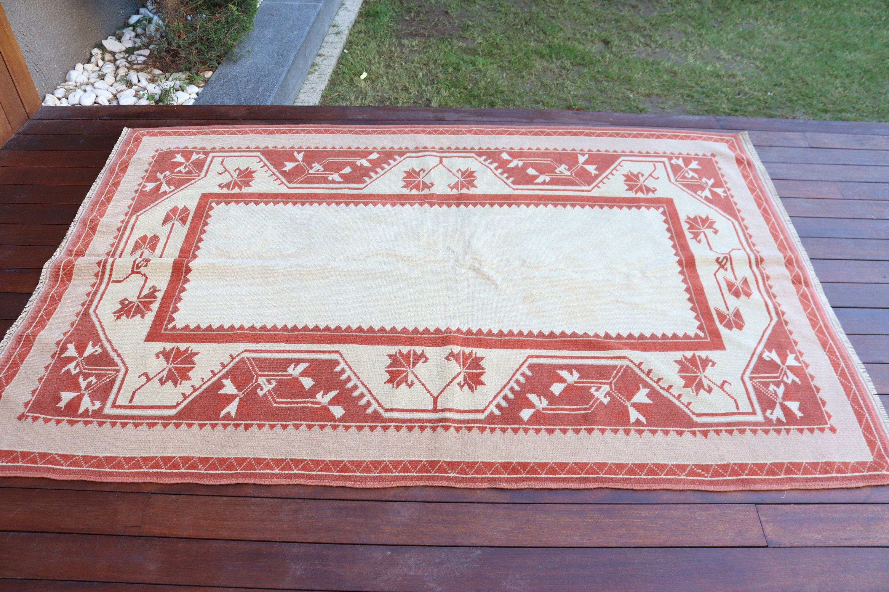 Bej Anadolu Halıları, Boho Bölgesi Halıları, 4,4x6,7 ft Alan Halısı, Açıklama Halısı, Türk Halısı, Vintage Halı, Oushak Bölge Kilimi