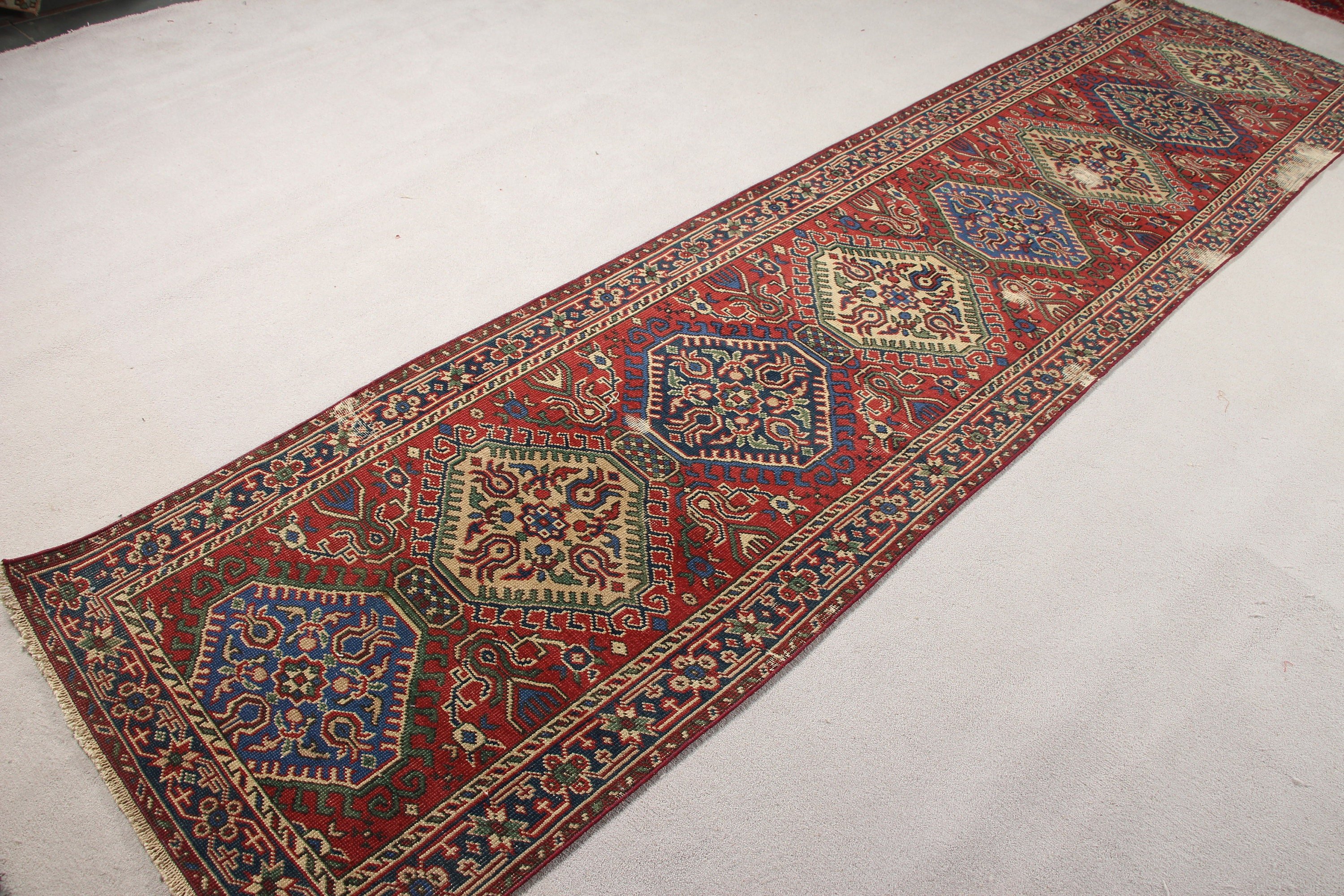 Vintage Halılar, Türk Halıları, Oushak Halısı, Kırmızı Yatak Odası Halısı, Ev Dekorasyonu Halısı, Sessiz Halı, 2.8x11.5 ft Runner Halısı, Koridor Halıları, Merdiven Halıları