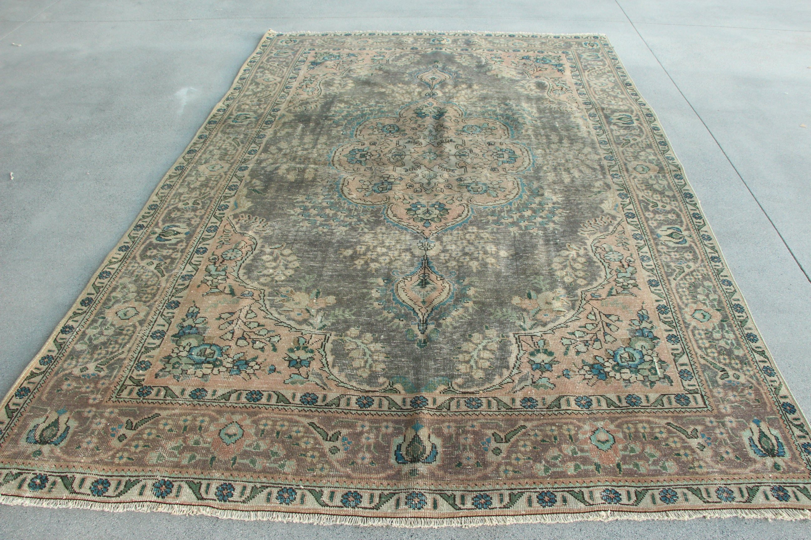 Fas Halıları, Büyük Boho Halısı, Büyük Oushak Halıları, Türk Halısı, 6,6x9,5 ft Büyük Halı, Yeşil Nötr Halı, Vintage Halılar, Mutfak Halısı