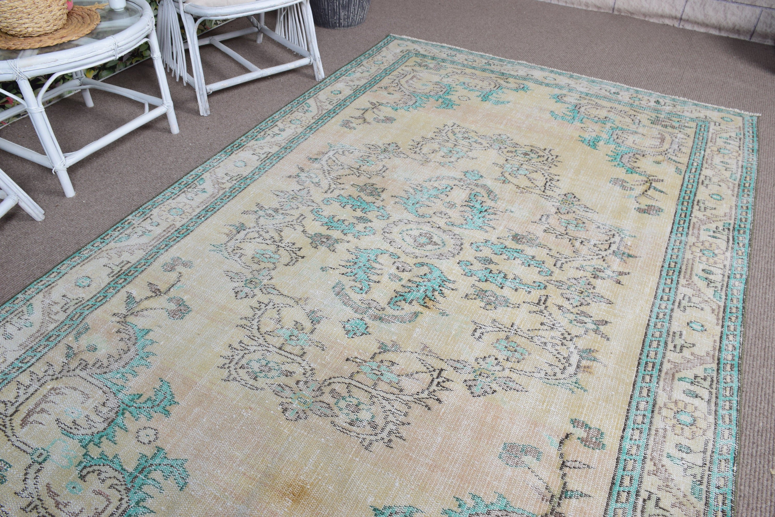 Green Home Decor Rugs, Vintage Rug, Floor Rug, Turkish Rug, Decorative Rugs, Living Room Rug, 5.7x8.9 ft Large Rug, Wool Rug, Salon Rug