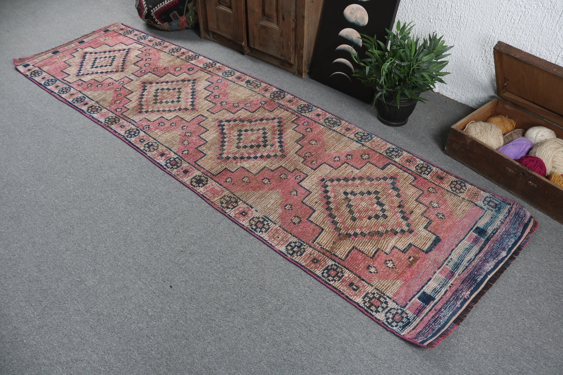 Mutfak Halıları, Boho Halıları, Vintage Halı, El Dokuma Halı, Türk Halıları, Türkiye Halısı, Pembe 2.7x9.5 ft Runner Halıları, Koridor Halıları