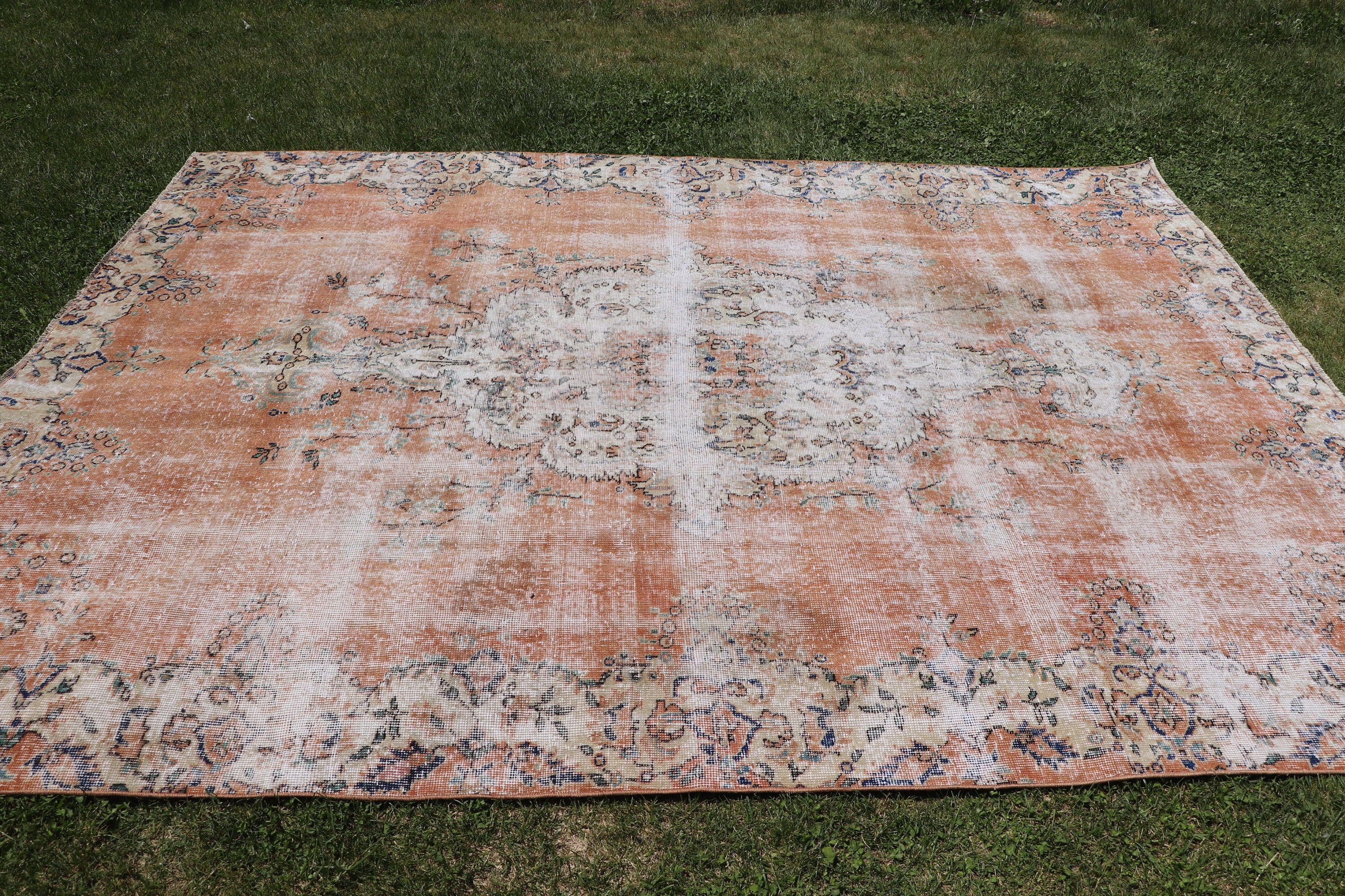 Turkish Rugs, Floor Rug, Moroccan Rug, Salon Rugs, Orange Antique Rug, Vintage Rugs, 6.7x9 ft Large Rugs, Large Oushak Rugs