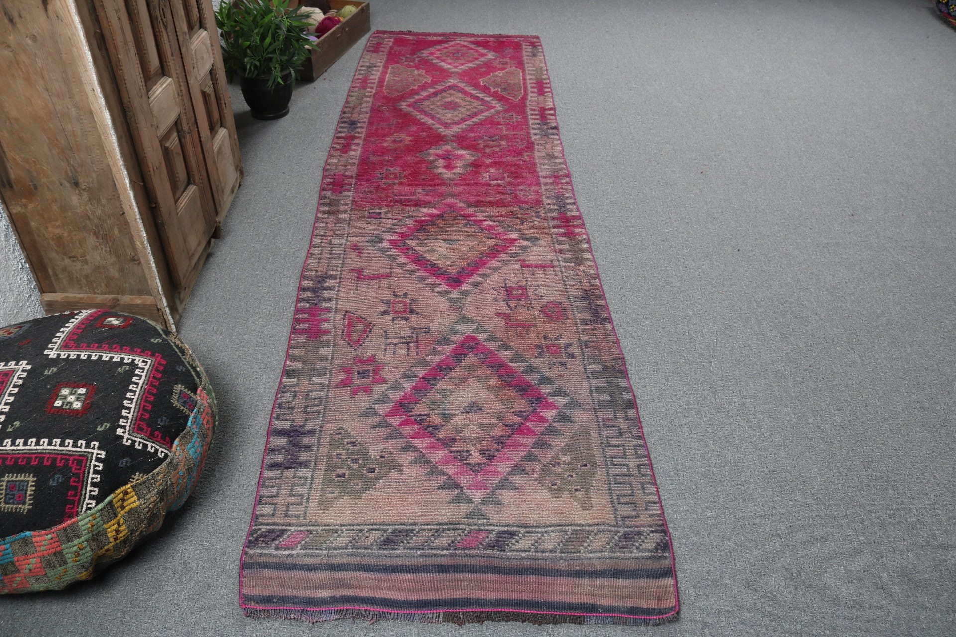 Oriental Rugs, Turkish Rug, Turkey Rug, Pink Geometric Rug, Bohemian Rug, Hallway Rugs, Kitchen Rugs, 2.8x10.4 ft Runner Rugs, Vintage Rugs