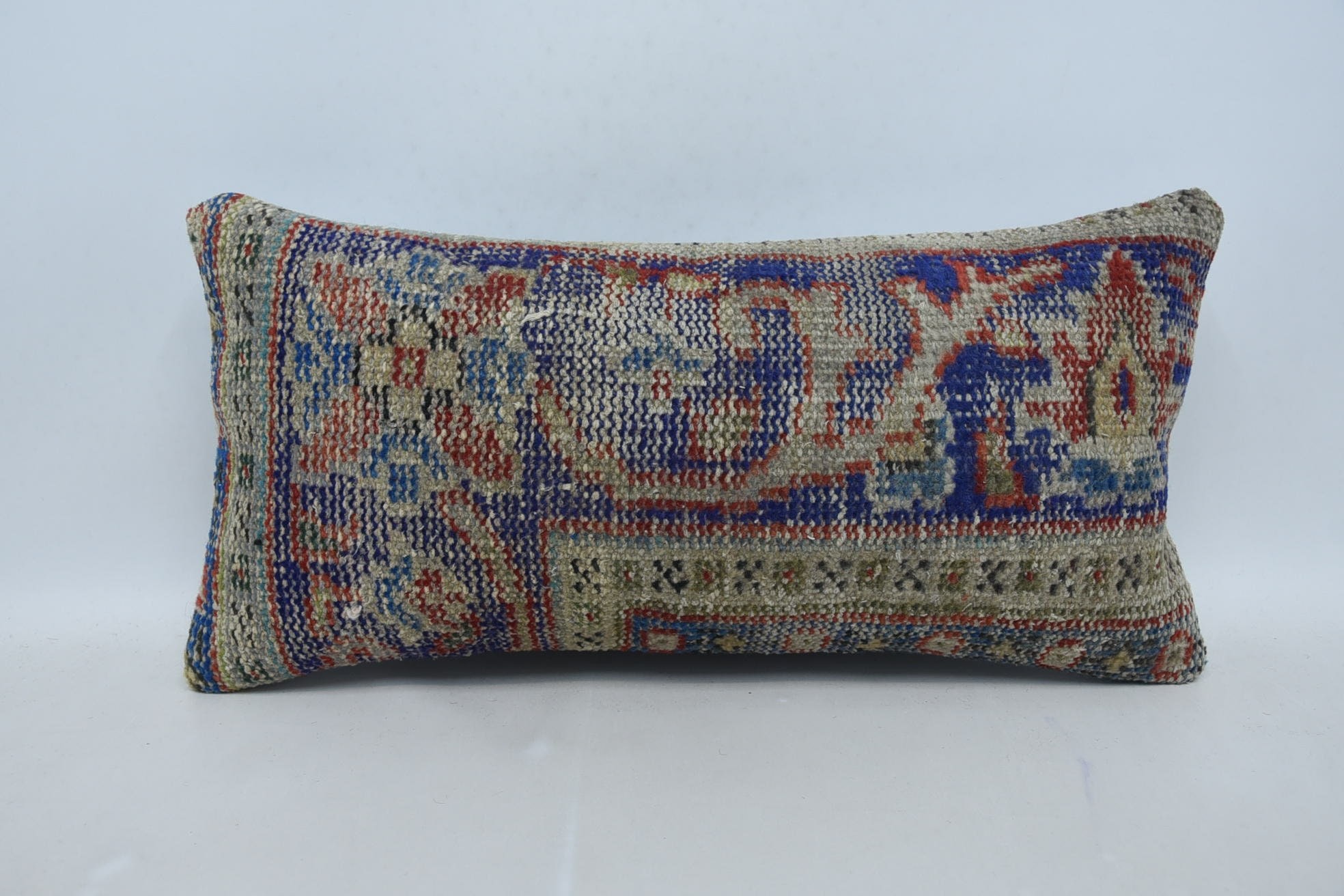 12"x24" Blue Pillow, Turkish Kilim Pillow, Vintage Pillow, Outdoor Patio Pillow Sham, Pillow for Sofa, Custom Pillow Case