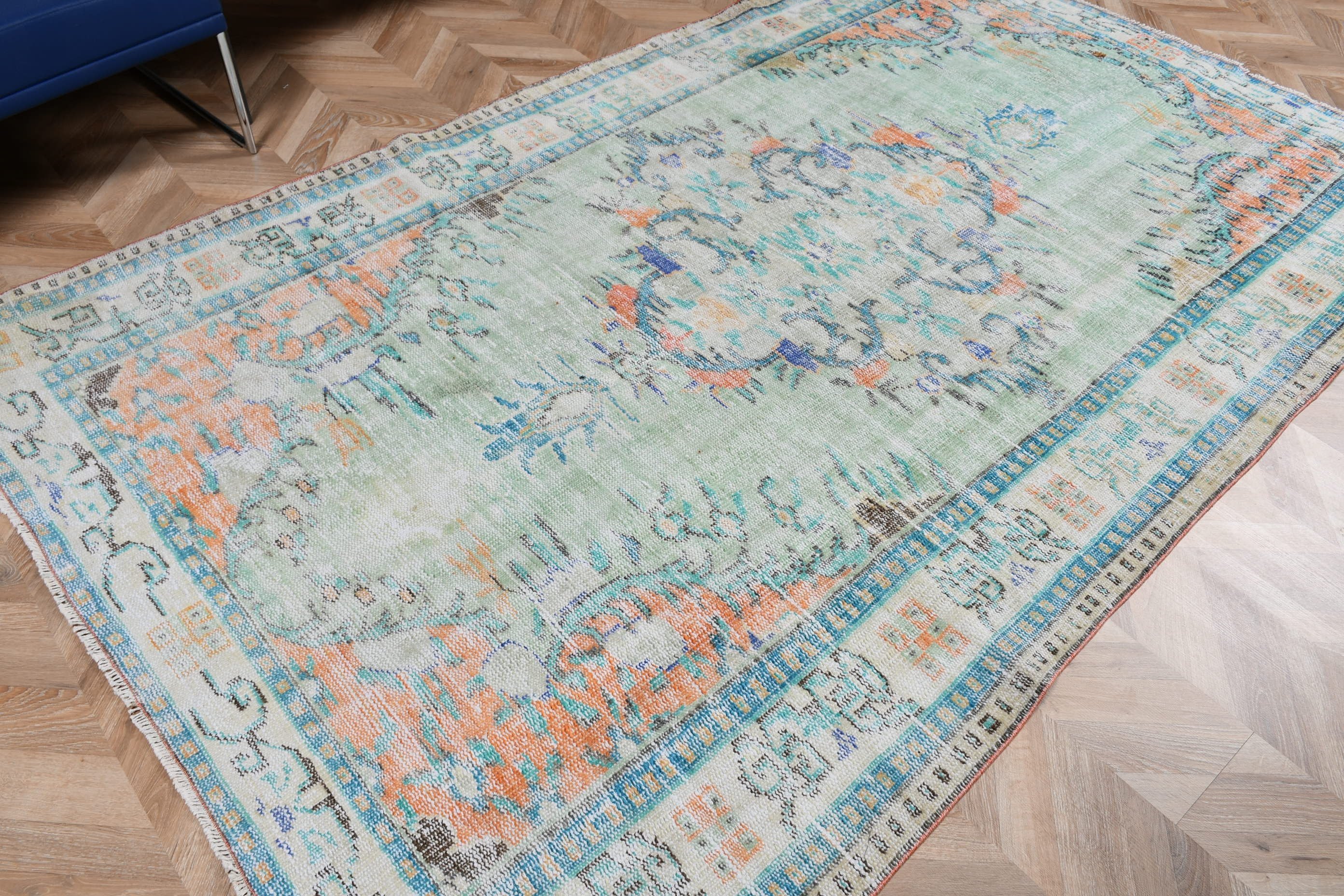 Oturma Odası Halısı, 5.7x8.9 ft Büyük Halı, Yeşil Oushak Halısı, Fas Halıları, Yemek Odası Halıları, Türk Halısı, Boho Halısı, Vintage Halı