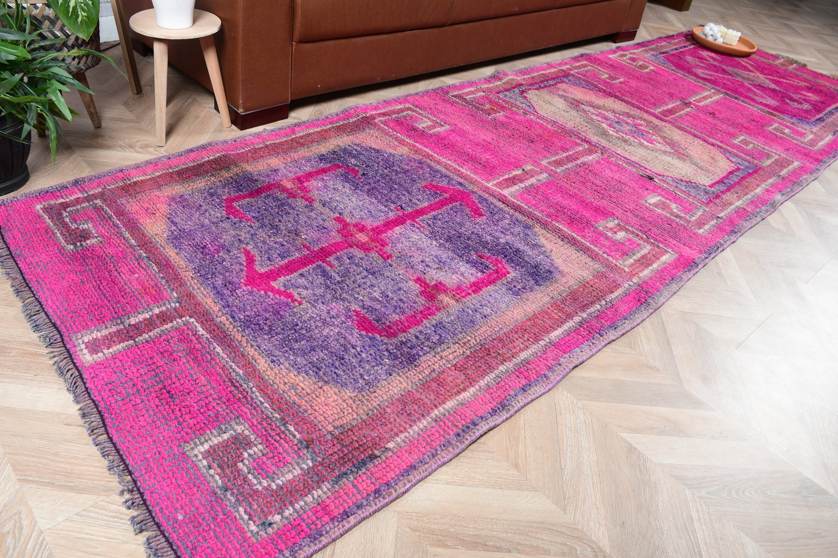 Vintage Rug, Pink Bedroom Rug, Corridor Rug, 3.3x10.6 ft Runner Rug, Hallway Rugs, Turkish Rugs, Oushak Rug, Rugs for Corridor, Floor Rug