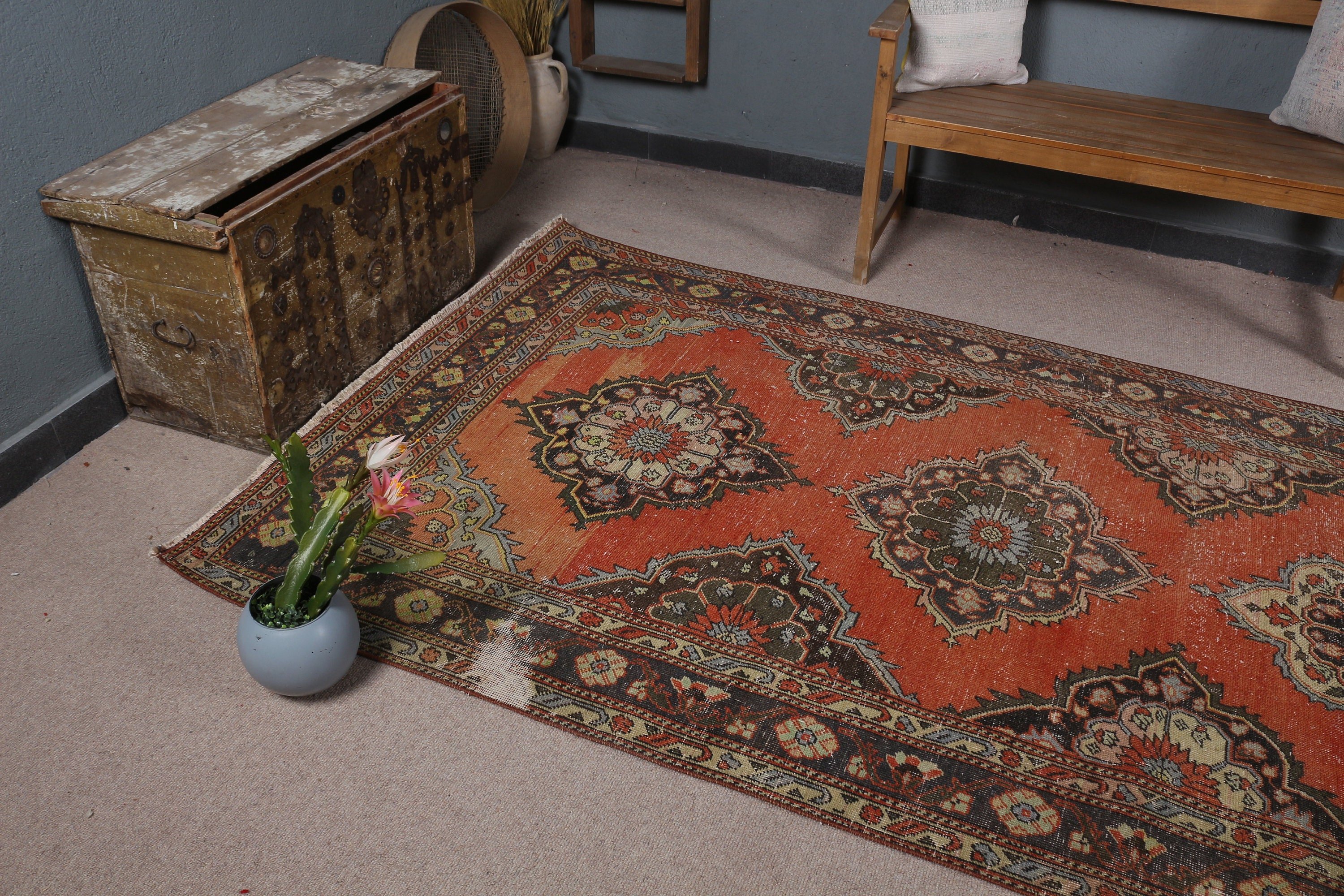 Vintage Rugs, 4.9x12.5 ft Runner Rug, Stair Rug, Oriental Rug, Orange Home Decor Rugs, Turkish Rug, Rugs for Kitchen