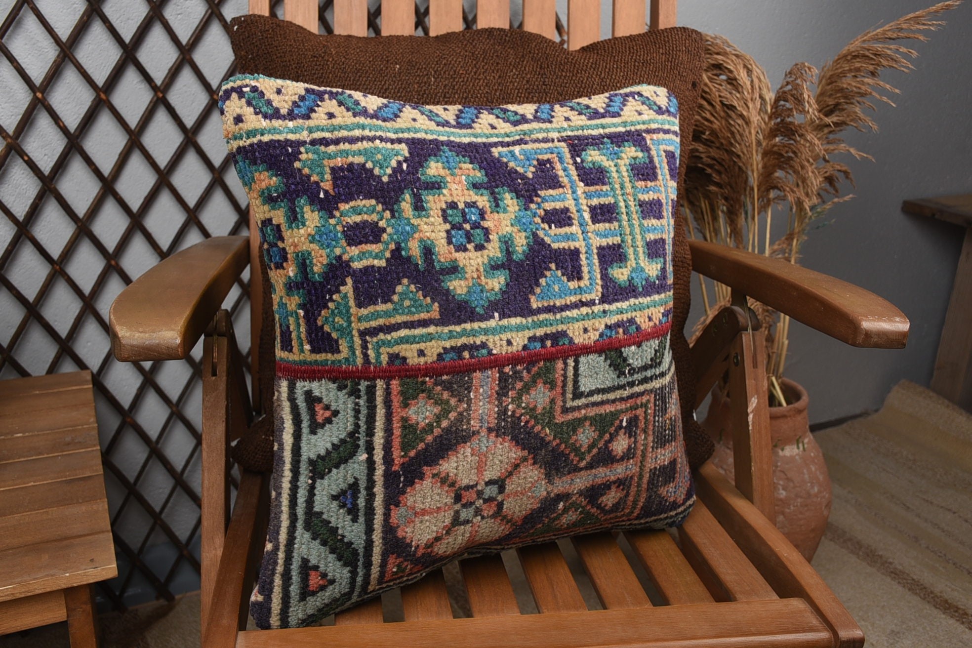 Garden Pillow Case, 16"x16" Brown Pillow Sham, Antique Pillows, Kilim Pillow Cover, Pillow for Sofa, Decorative Bolster Pillow Case