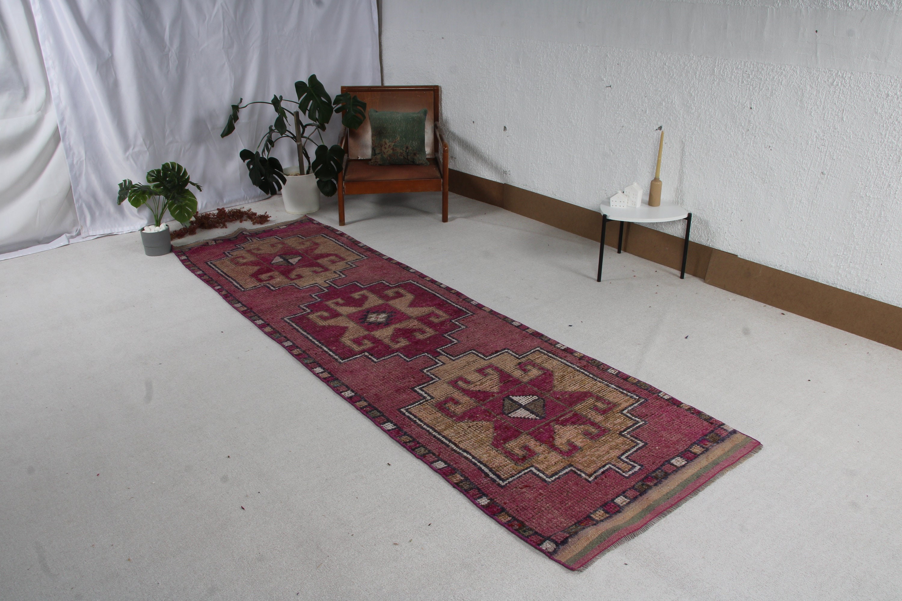 3.1x10.5 ft Runner Halı, Yer Halısı, Mor Boho Halılar, Türk Halısı, Vintage Runner Halısı, Vintage Halılar, Merdiven Halıları, Düz Dokuma Halı, Yün Halı