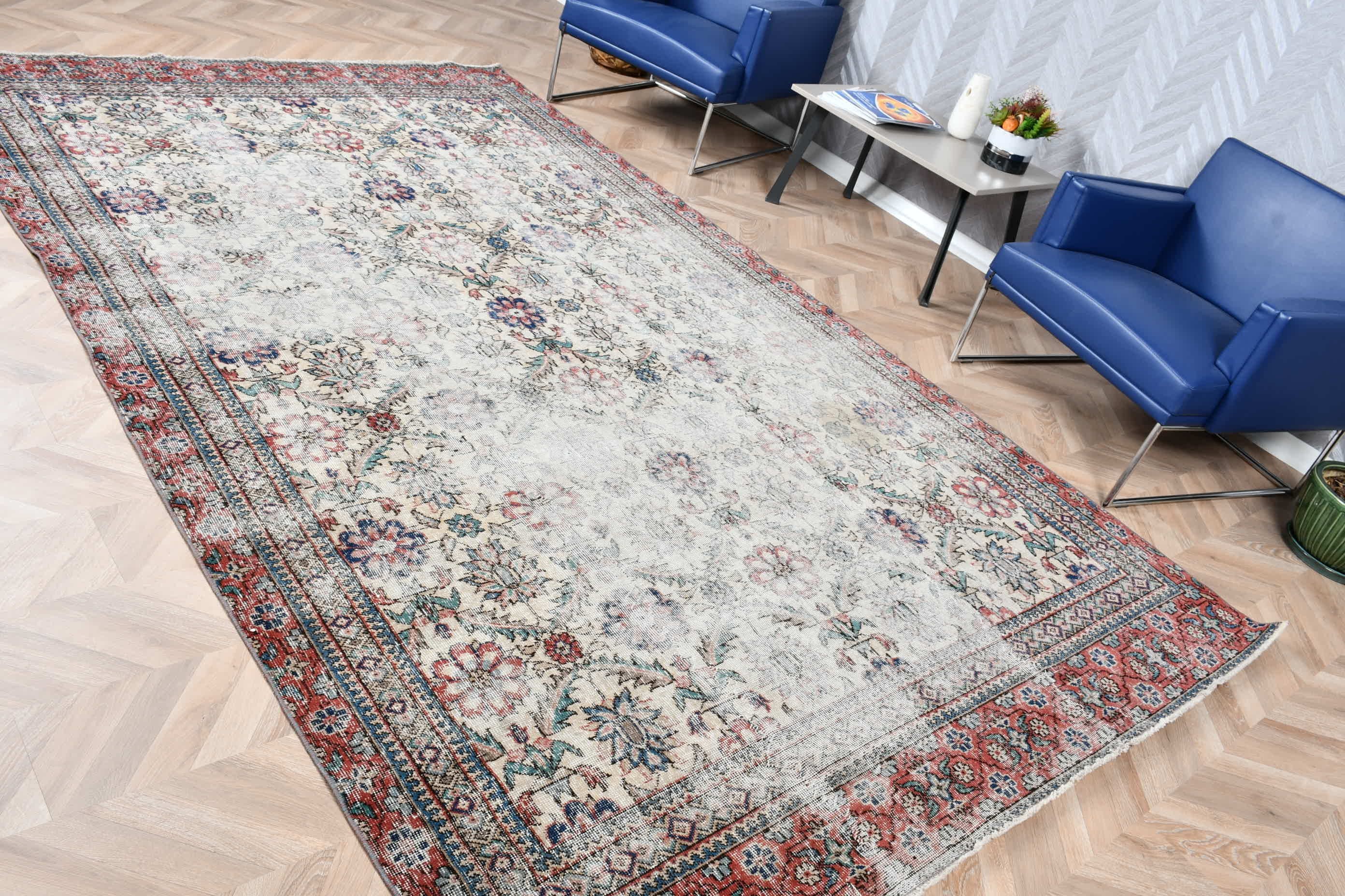 Yün Halı, Oturma Odası Halısı, Vintage Halılar, Bej Oushak Halısı, Yatak Odası Halısı, Retro Halılar, Türk Halıları, Anadolu Halısı, 6.4x10.9 ft Büyük Halı