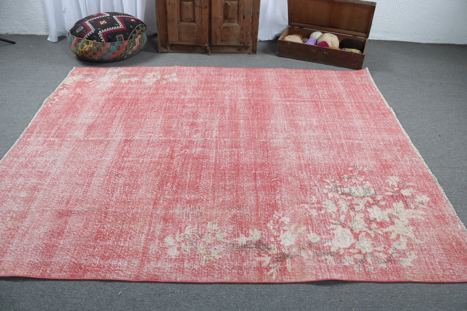 Salon Halısı, Vintage Halı, 6.6x7.9 ft Büyük Halı, Yer Halısı, Türk Halısı, Oturma Odası Halıları, Pembe Yatak Odası Halıları, Yemek Odası Halıları, Boho Halısı