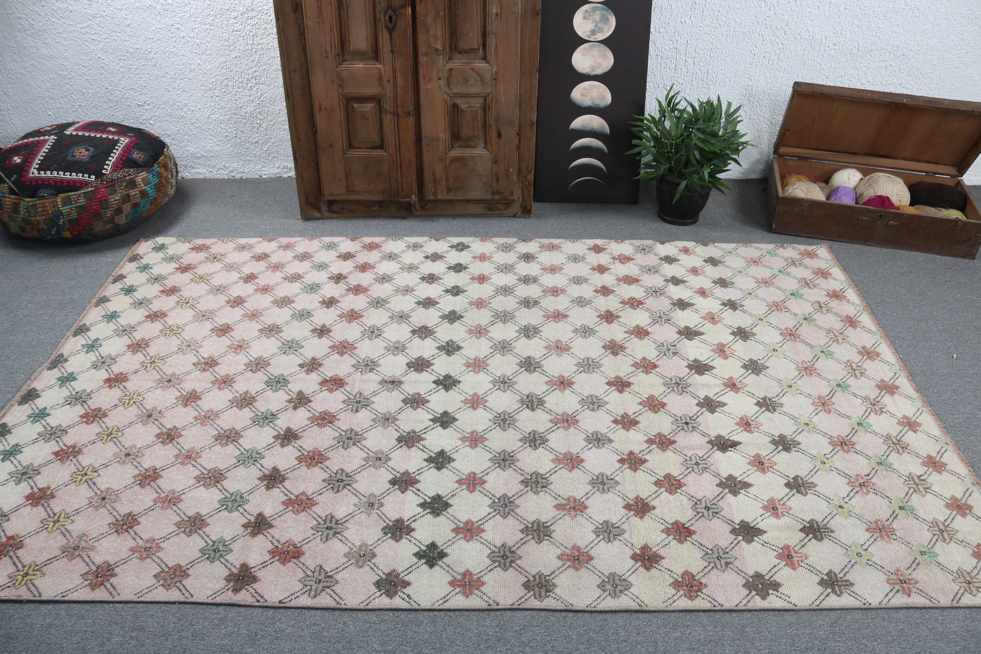 Boho Halı, Salon Halıları, Türk Halıları, 5.1x8.1 ft Büyük Halı, Mutfak Halıları, Anadolu Halıları, Oturma Odası Halıları, Vintage Halı, Bej Düz Dokuma Halılar