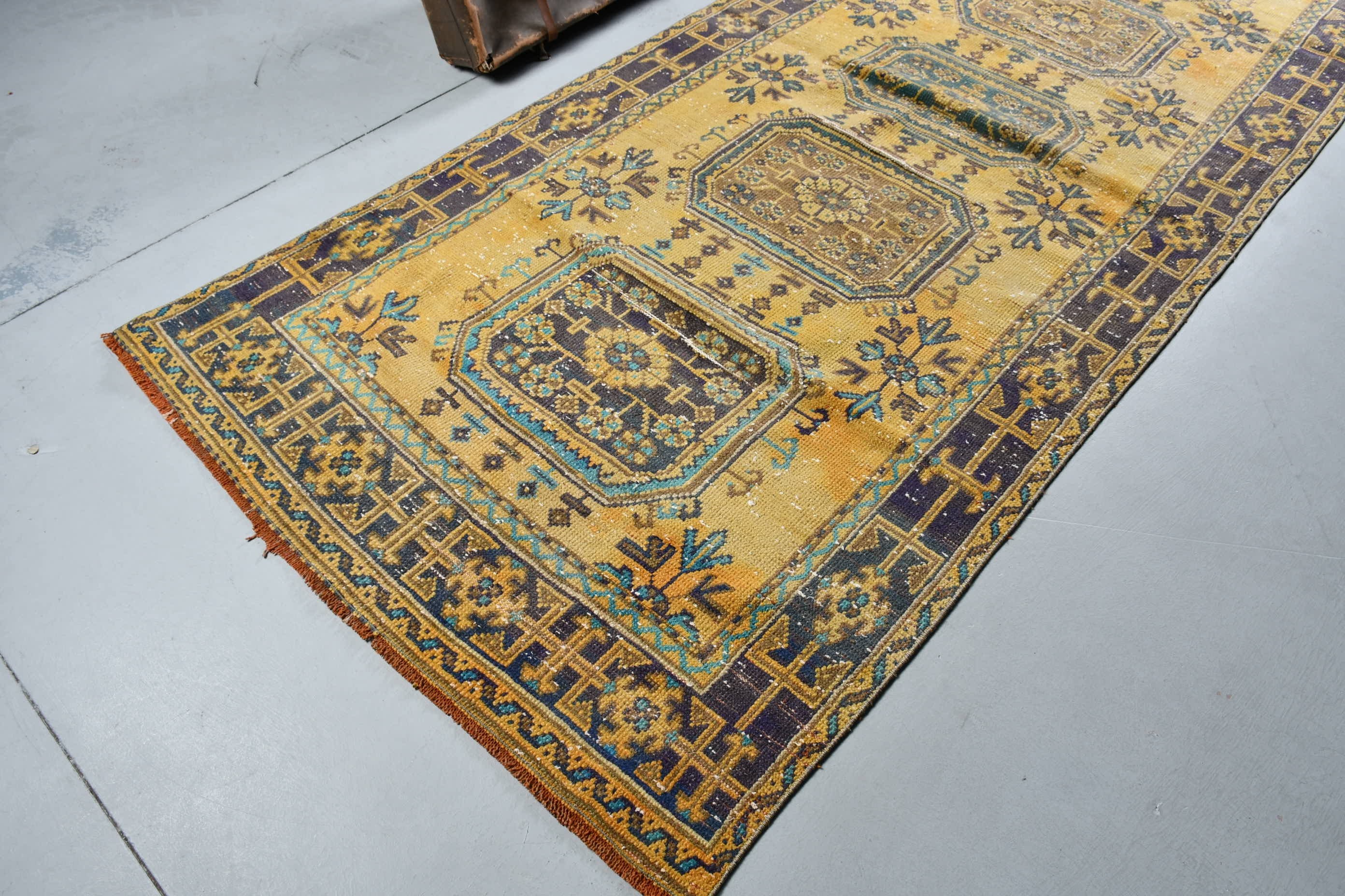 Antique Rugs, Wool Rug, Old Rug, Turkish Rug, 4.4x10.2 ft Large Rug, Yellow Home Decor Rug, Living Room Rug, Salon Rugs, Vintage Rug