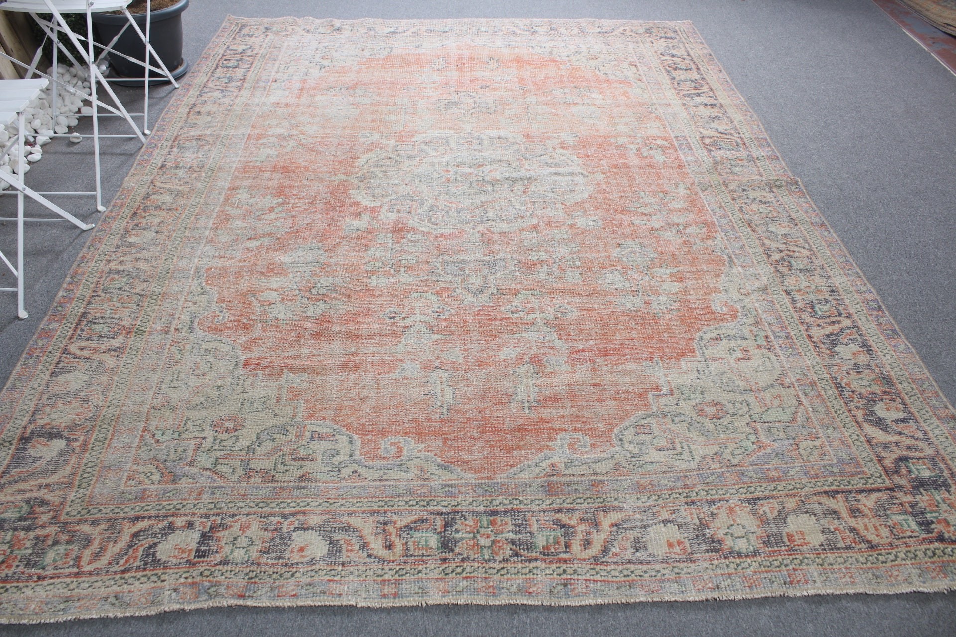 Living Room Rug, Vintage Rug, Orange  7.5x9.9 ft Oversize Rug, Turkish Rug, Anatolian Rug, Oushak Rug, Bohemian Rug, Salon Rug