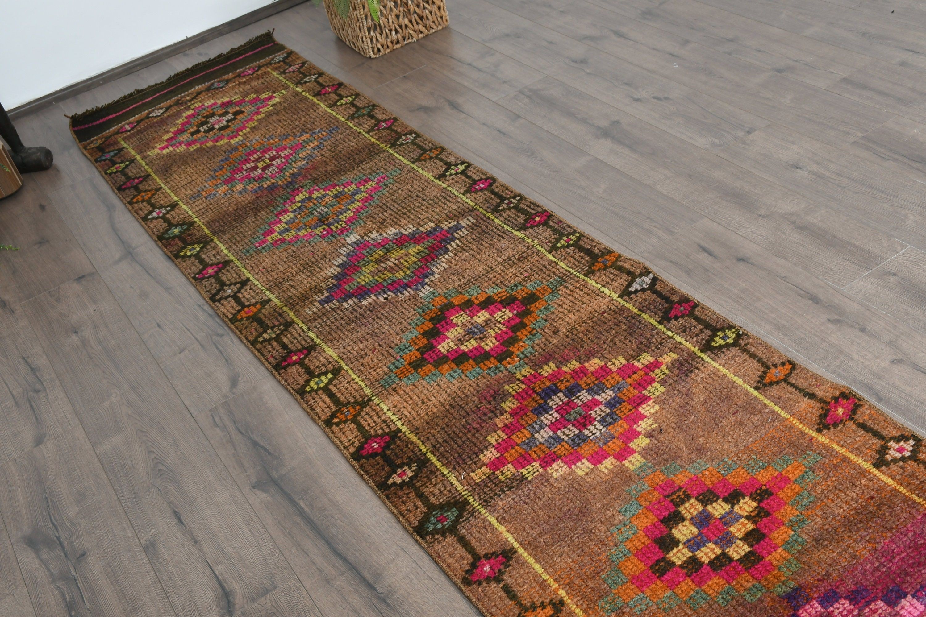 Cool Rug, Turkish Rug, Kitchen Rug, Authentic Rugs, Antique Rug, Brown  2.4x10.5 ft Runner Rug, Rugs for Stair, Vintage Rug