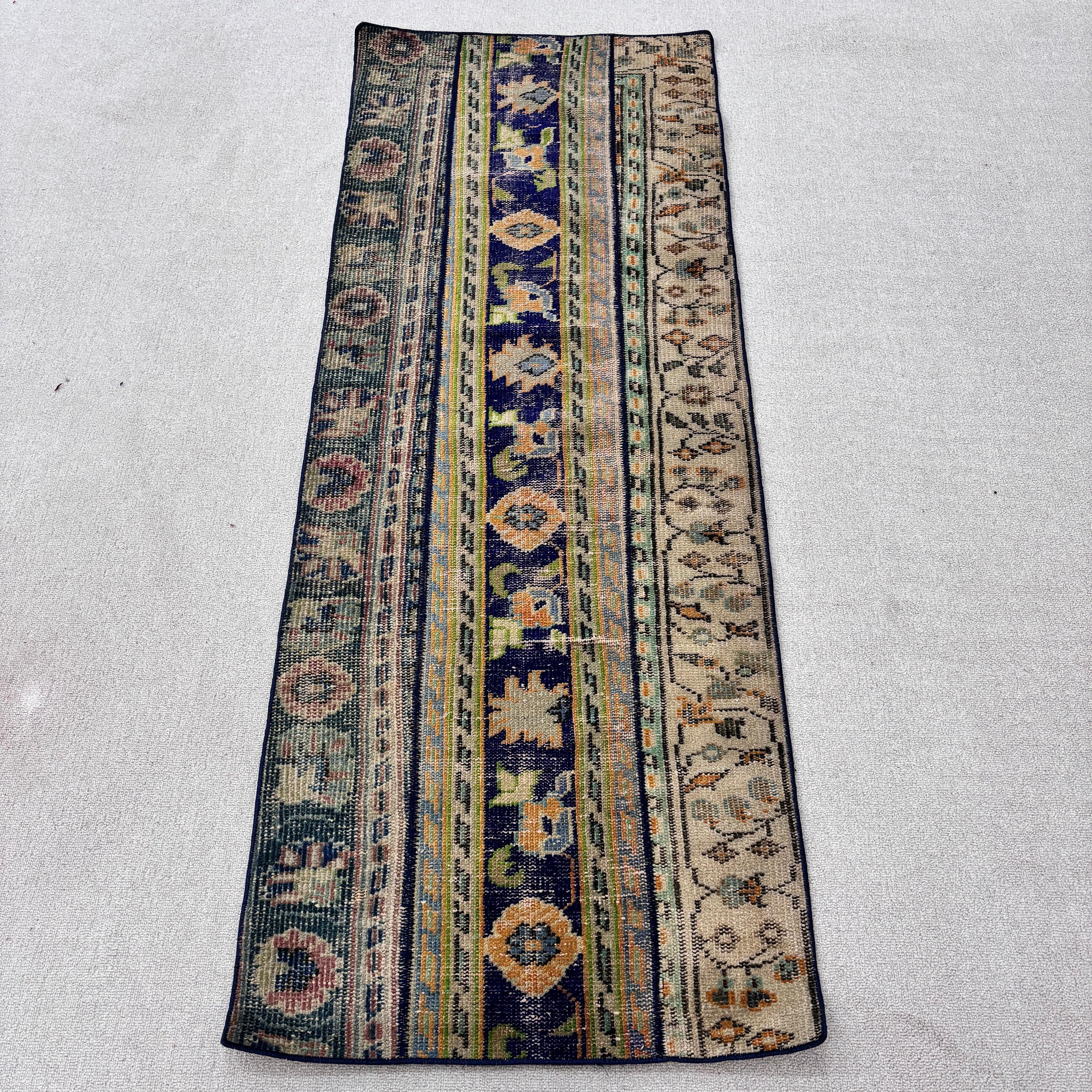 Türk Halısı, Koridor Halıları, Vintage Halı, Yeşil Geometrik Halılar, 2.2x5.8 ft Runner Halısı, Koridor Halıları, El Dokuma Halı, Boho Halıları