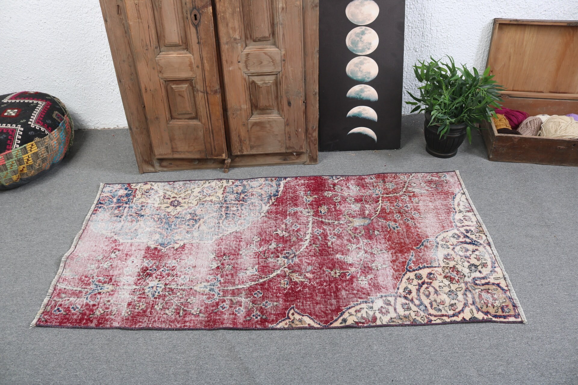 Kırmızı Mutfak Halısı, El Yapımı Halılar, Yer Halıları, Araba Paspas Halısı, 2.7x5.4 ft Küçük Halı, Vintage Halılar, El Dokuma Halılar, Türk Halısı, Kapı Paspas Halıları