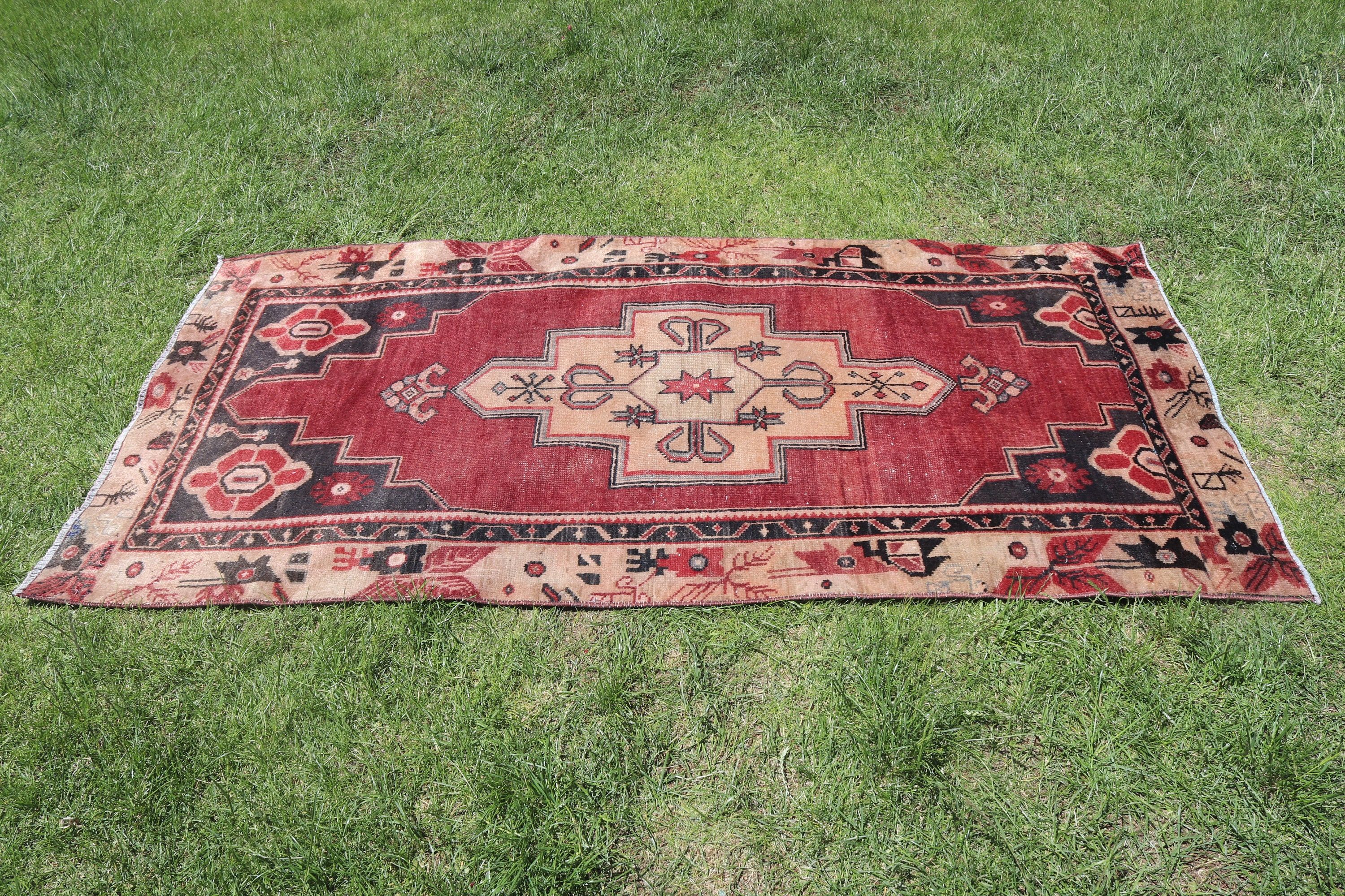 Giriş Halıları, Türk Halıları, Vintage Halılar, Oushak Halıları, Kırmızı Ev Dekor Halıları, 3,1x6,3 ft Vurgulu Halı, Nötr Halı, Vintage Vurgulu Halılar