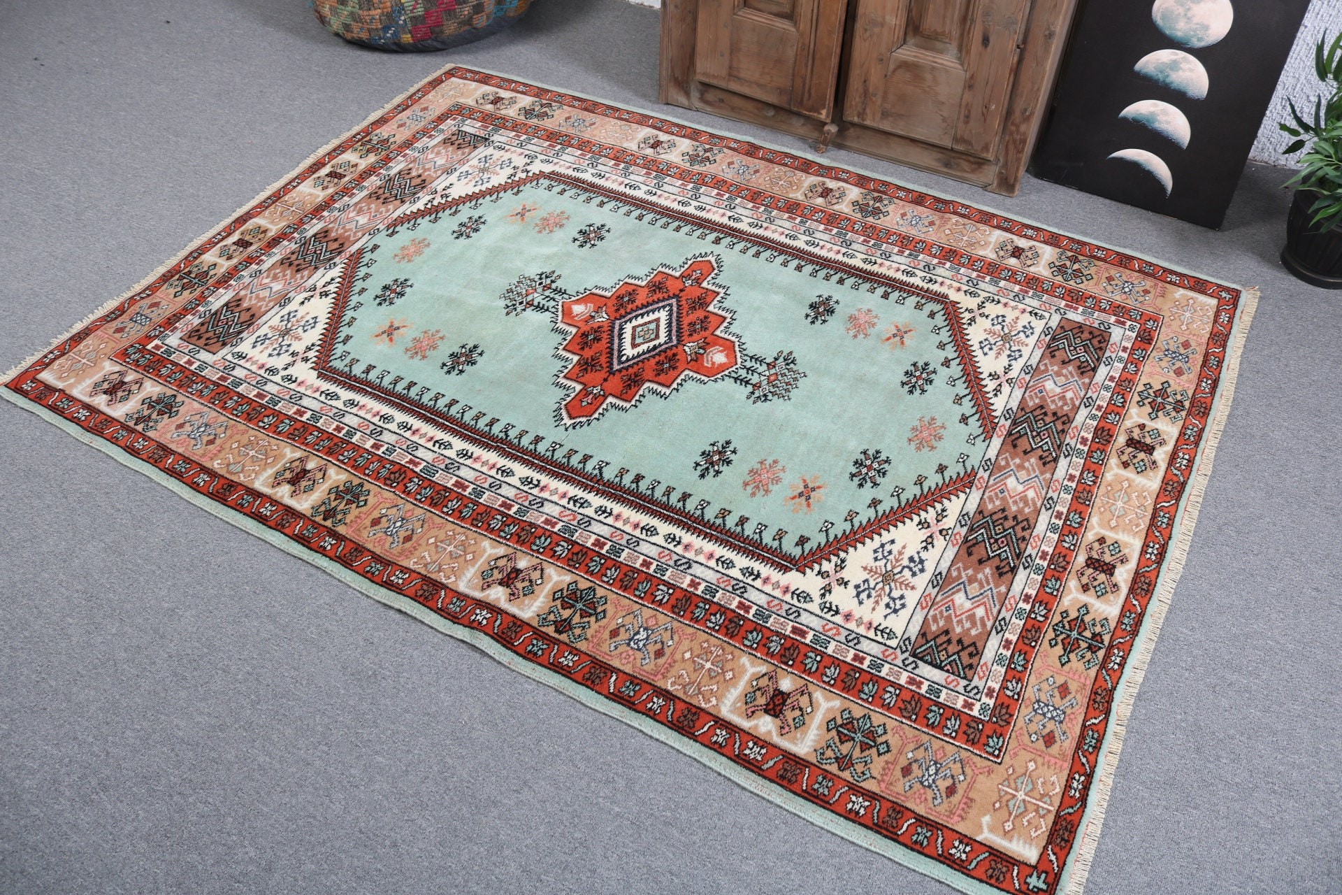 Antika Halı, Vintage Halı, Ev Dekorasyonu Halıları, Yeşil Ev Dekorasyonu Halıları, Yer Halıları, 4.6x6.3 ft Alan Halıları, Boho Halısı, Türk Halısı, Oturma Odası Halısı