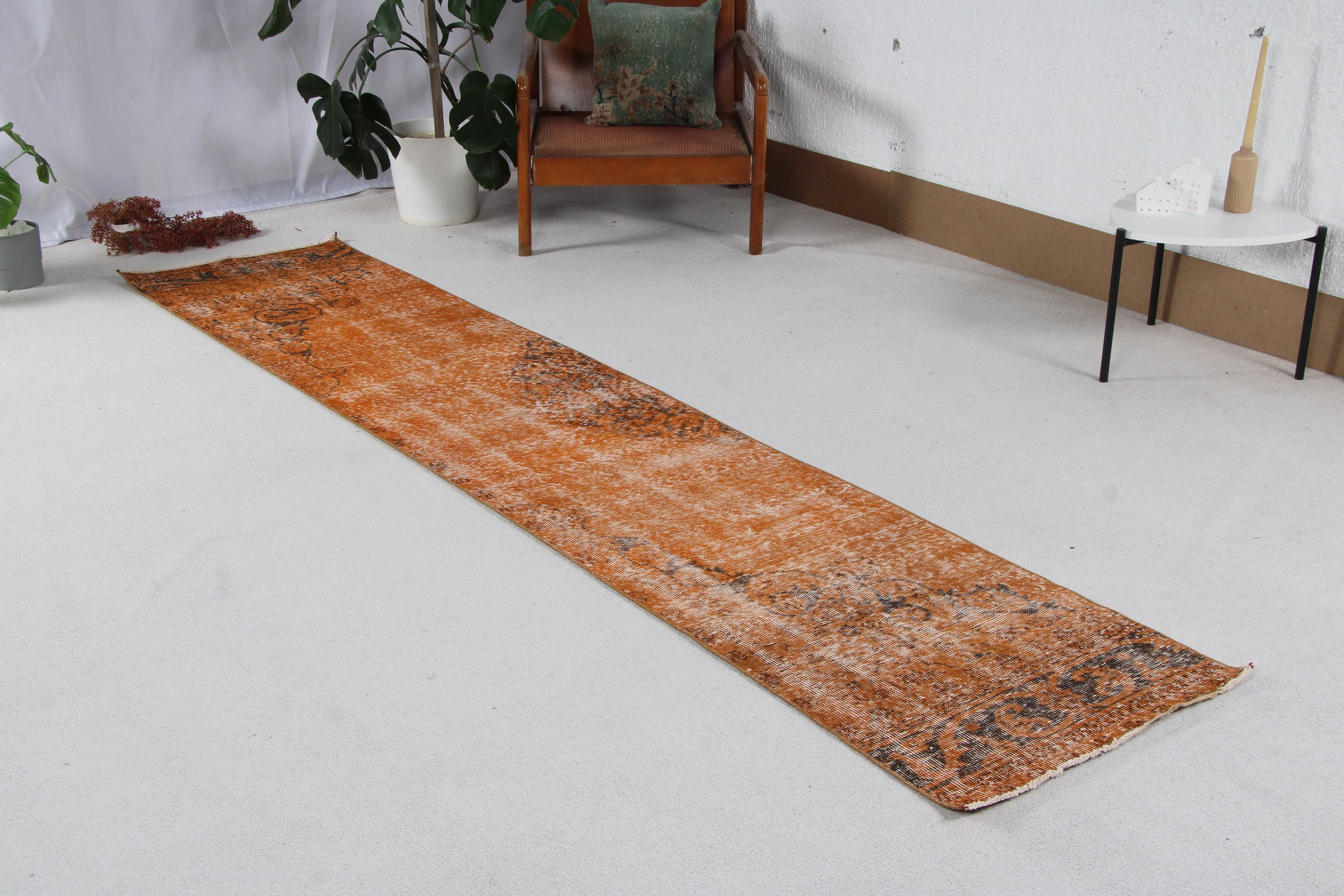 Hallway Rug, Neutral Rug, Beni Ourain Runner Rugs, Turkish Rug, Geometric Rugs, Orange Wool Rugs, 2.1x10 ft Runner Rugs, Vintage Rugs