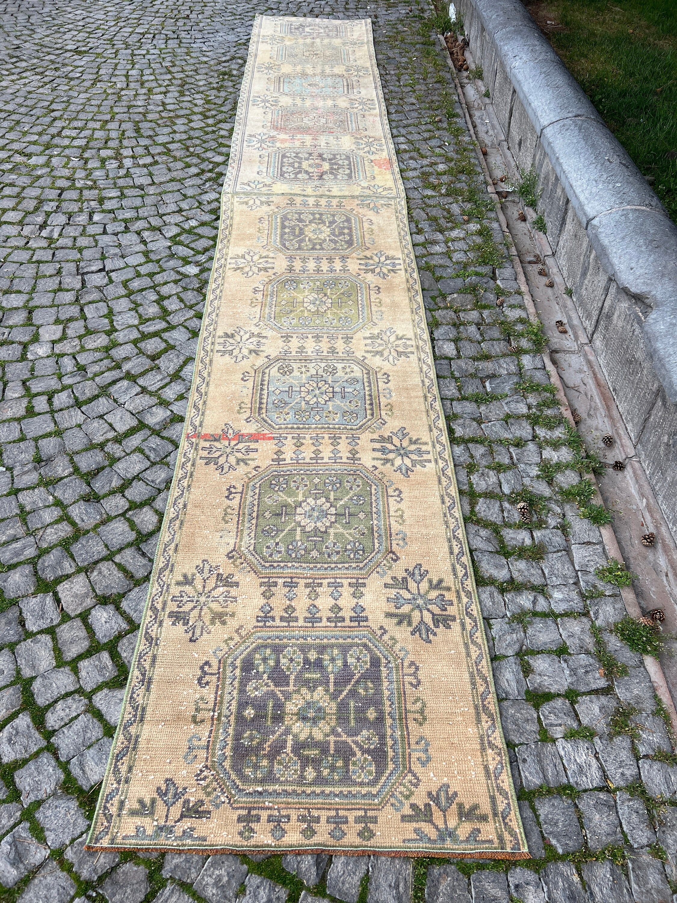 Hallway Rug, Beige Antique Rugs, Stair Rug, Turkish Rug, Kitchen Rug, 3x19.2 ft Runner Rugs, Rugs for Corridor, Vintage Rug