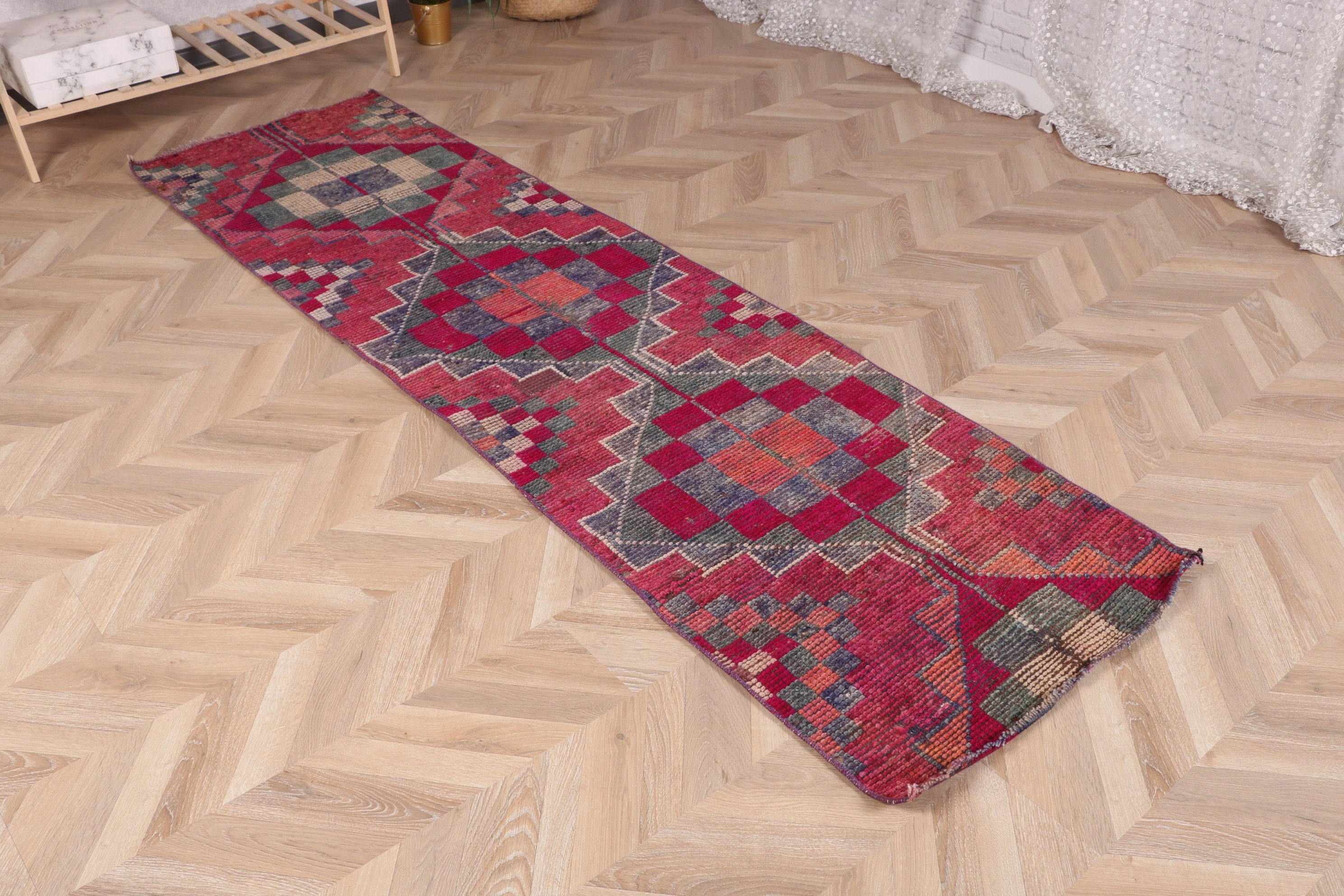 Yün Halı, Anadolu Halıları, Etnik Halılar, Vintage Halılar, Türk Halıları, Merdiven Halısı, 2.3x8.1 ft Runner Halısı, Pembe Geometrik Halılar, Uzun Runner Halısı