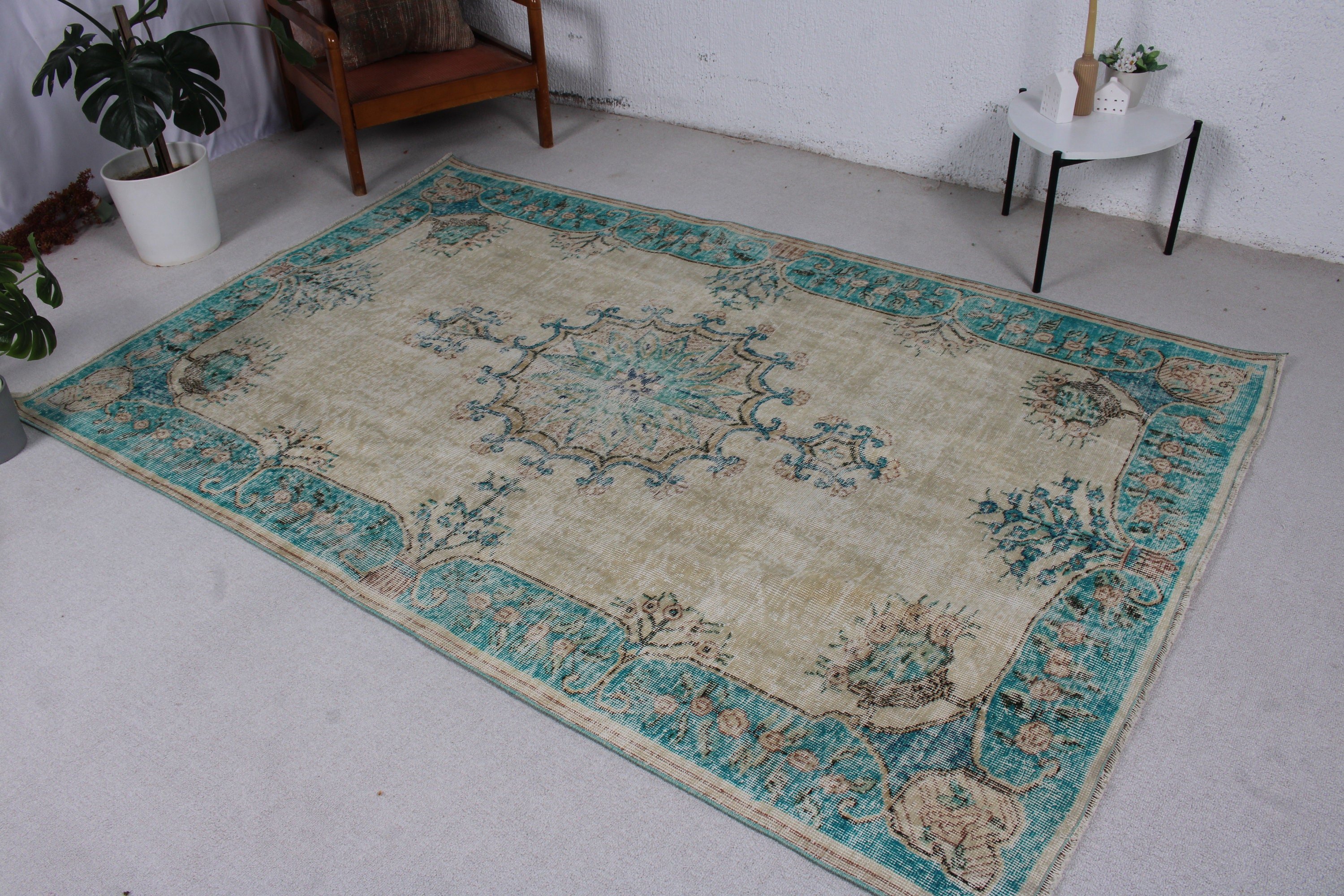 Yatak Odası Halıları, Büyük Oushak Halıları, 5.3x7.9 ft Büyük Halı, Yün Halıları, Türk Halısı, Vintage Halı, Bohem Halıları, Bej Yün Halısı, Salon Halısı