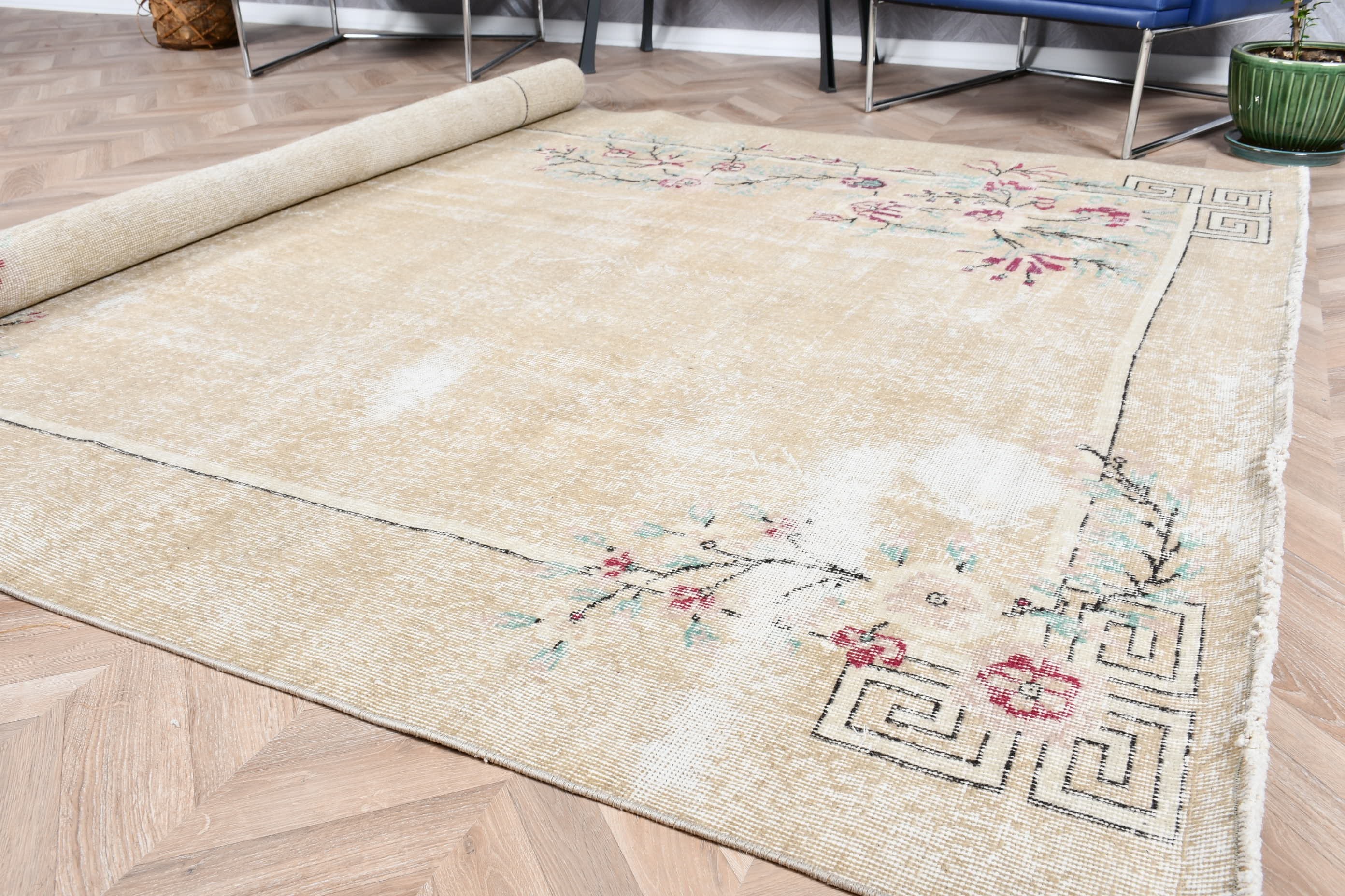 Beige  6.7x10 ft Large Rugs, Oriental Rug, Vintage Rug, Kitchen Rug, Living Room Rug, Old Rugs, Bedroom Rug, Turkish Rug