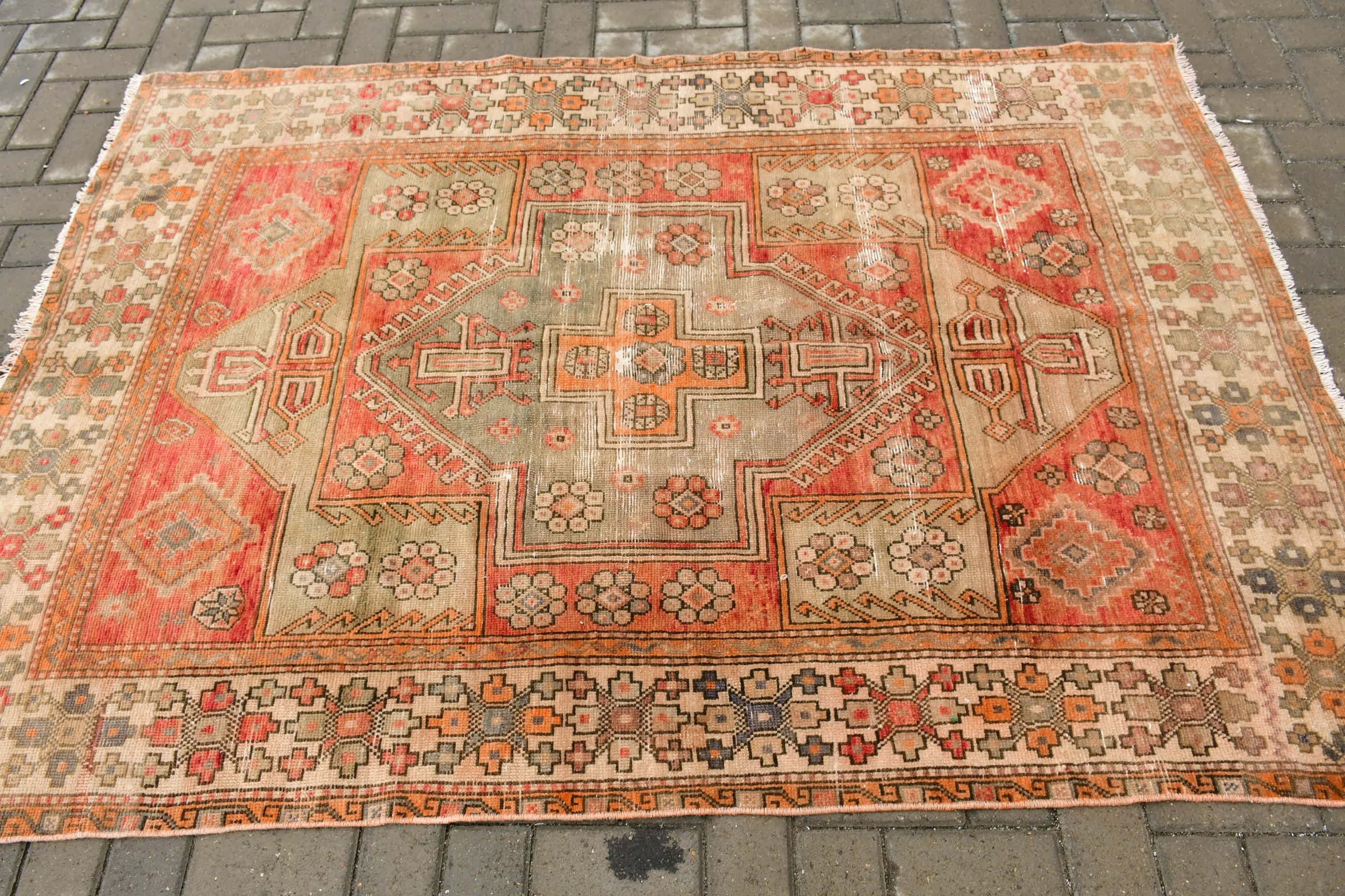 Oushak Halı, 4.7x6.7 ft Alan Halısı, Vintage Halı, Yer Halıları, Yatak Odası Halısı, Yemek Odası Halıları, Mutfak Halısı, Türk Halısı, Kırmızı Ev Dekor Halısı