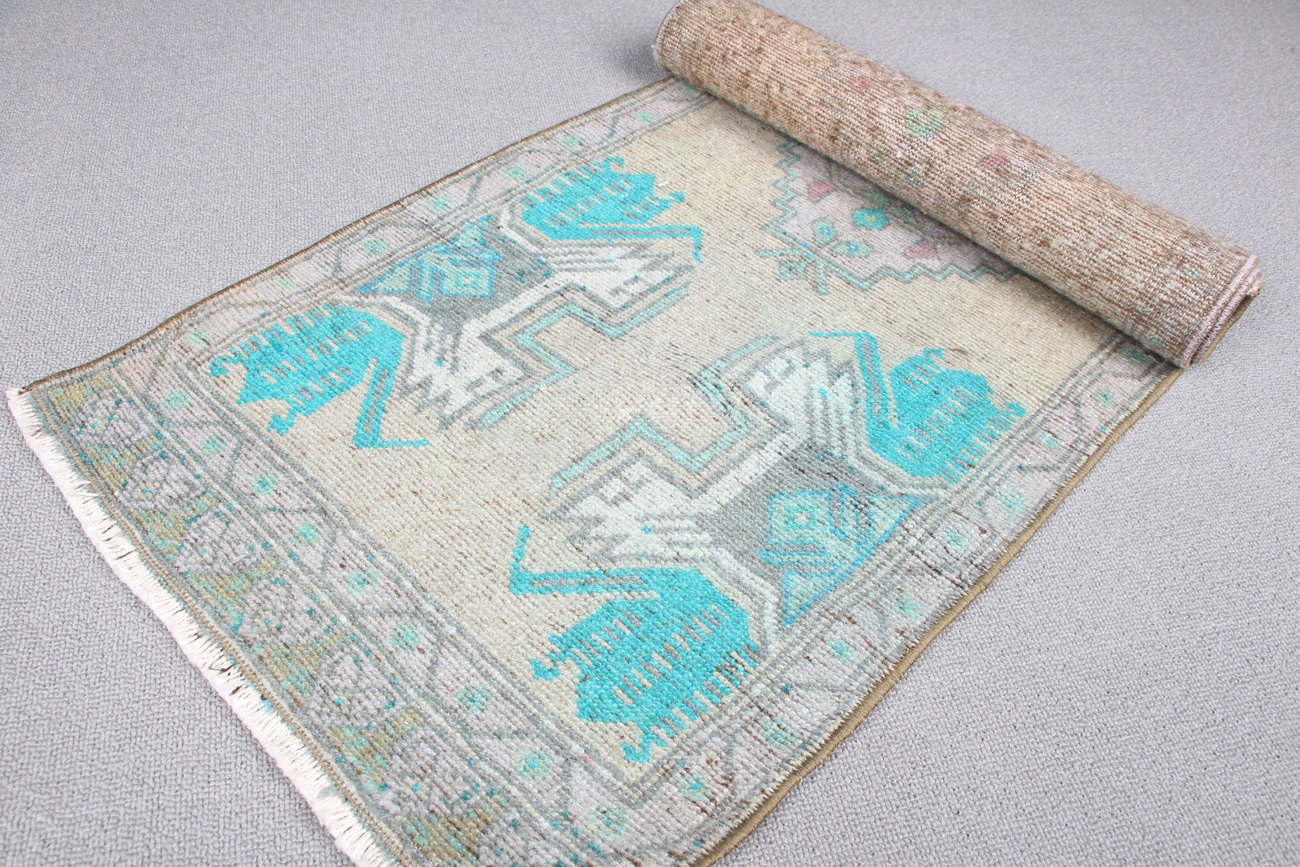 1.4x3.6 ft Small Rug, Bedroom Rugs, Green Oriental Rug, Door Mat Rug, Vintage Rug, Oriental Rug, Muted Rugs, Turkish Rug, Anatolian Rugs