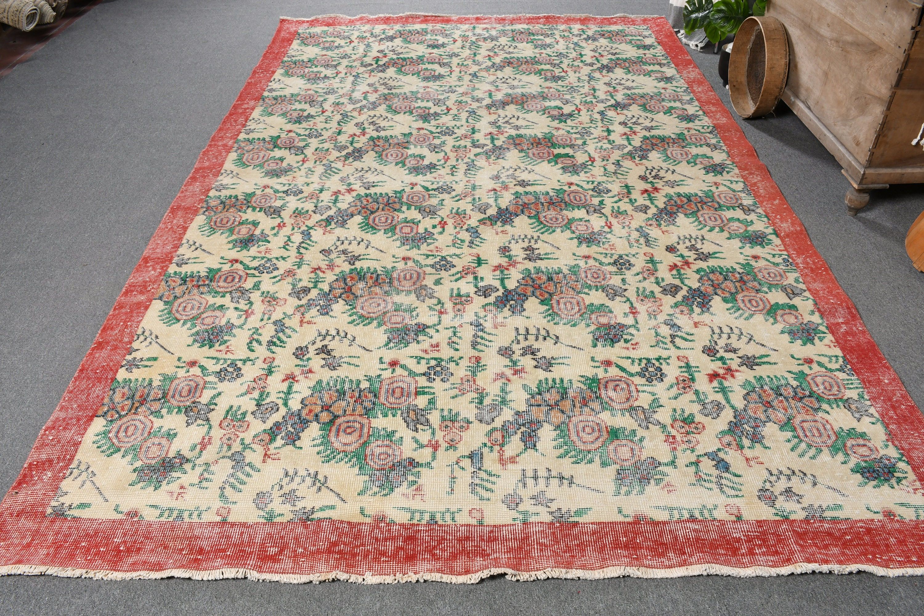 Anatolian Rug, Beige Home Decor Rug, Vintage Rugs, Rugs for Salon, Turkish Rug, Wool Rug, Salon Rug, 6.8x10.9 ft Oversize Rug, Saloon Rug