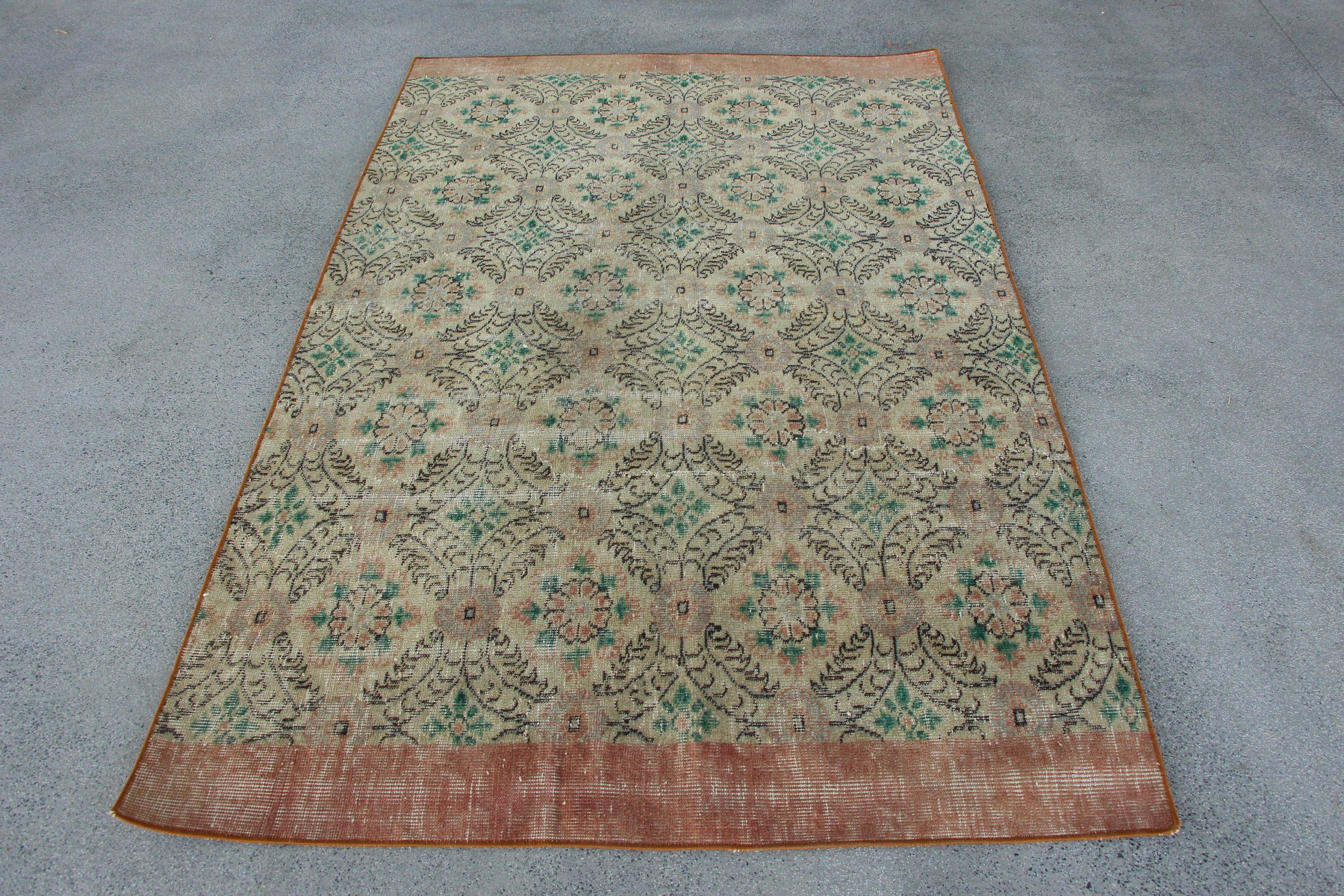 Türk Halıları, 4.3x6.6 ft Alan Halısı, Yeşil Oushak Halısı, İç Mekan Halıları, Fas Halısı, Vintage Halı, Mutfak Halıları, Türk Alan Halısı Halıları