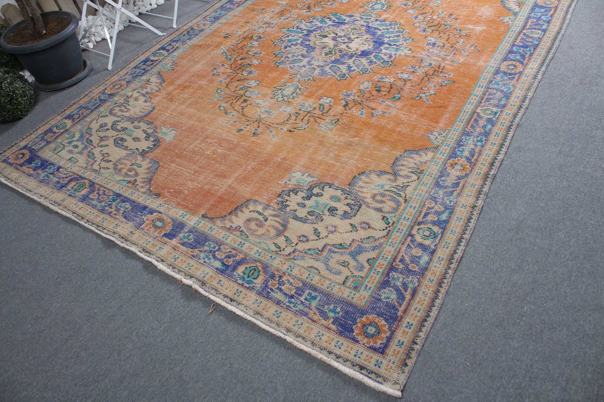 Kitchen Rug, Orange Oriental Rug, Turkish Rugs, Vintage Rug, Living Room Rugs, Antique Rug, 6.8x10.3 ft Oversize Rug, Dining Room Rug