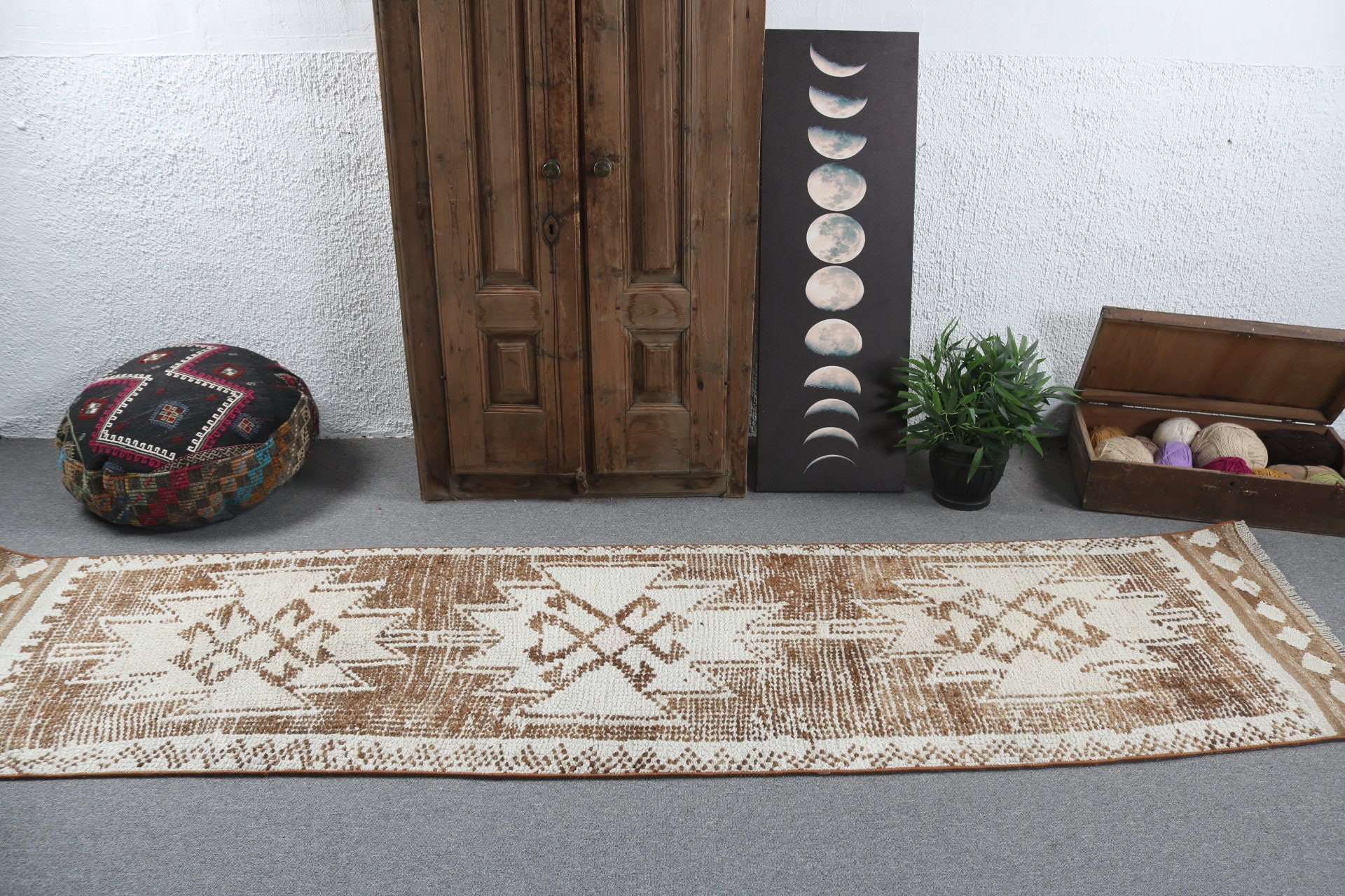 2.6x10.1 ft Runner Halıları, Egzotik Halı, Vintage Halı, Türk Halıları, Vintage Runner Halıları, Kahverengi Oushak Halısı, Mutfak Halıları, Oushak Halısı, Harika Halılar