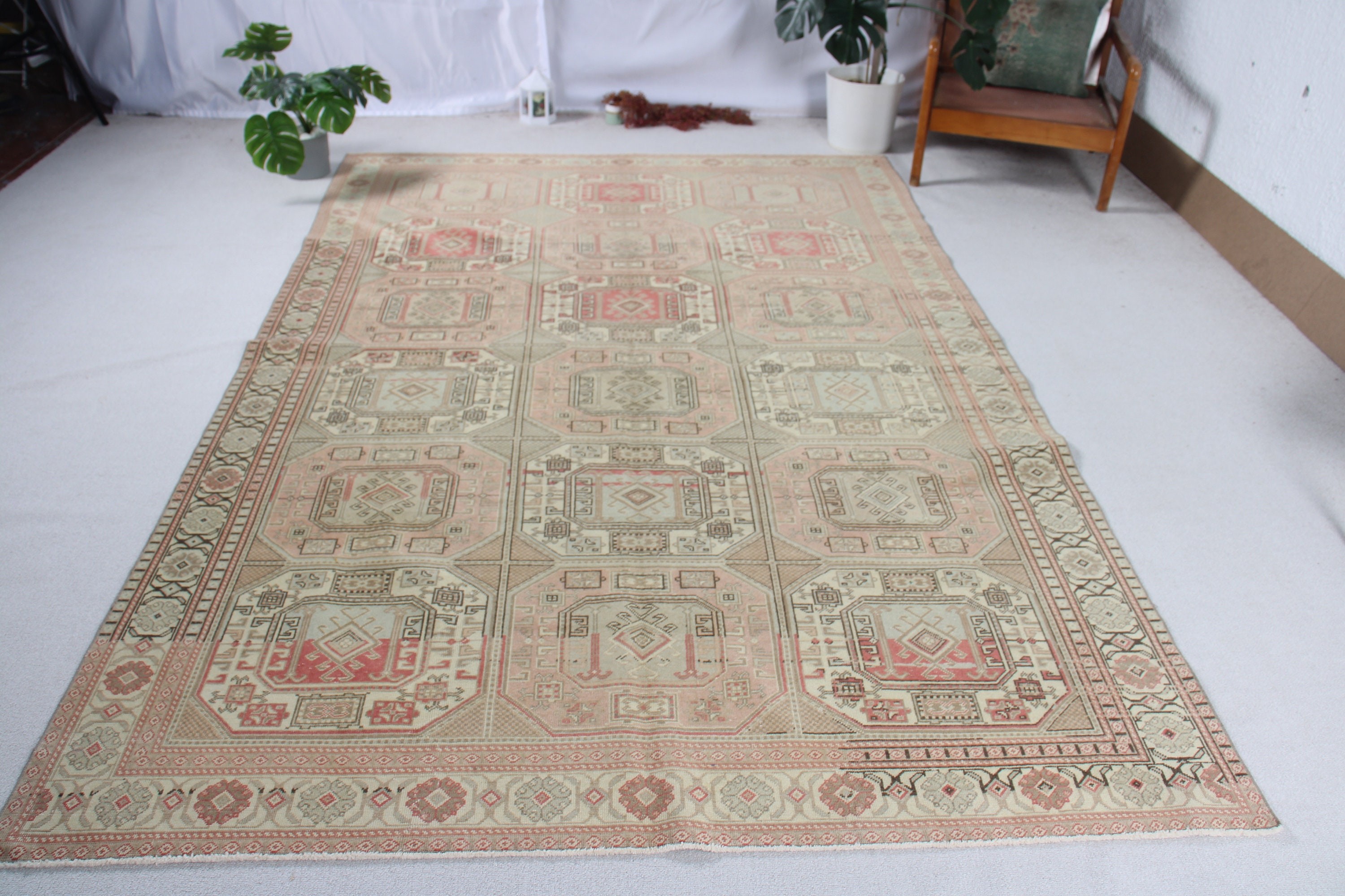 Vintage Halı, 6.2x9.5 ft Büyük Halılar, Pembe Yer Halıları, Yatak Odası Halısı, Büyük Yün Halı Halıları, Yer Halıları, Türk Halısı, Yün Halıları, Büyük Oushak Halısı