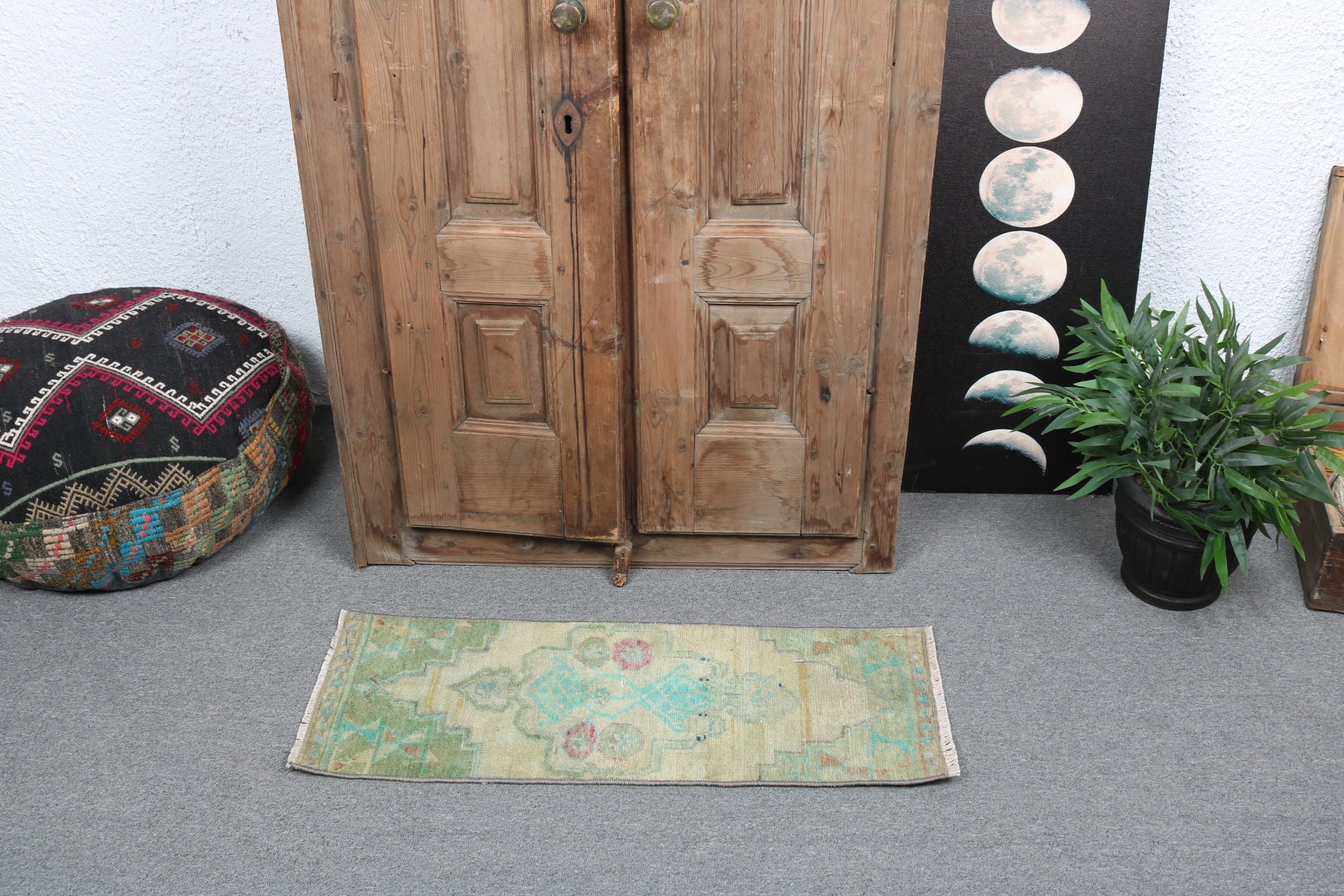 Vintage Halılar, Yeşil Oushak Halılar, Mutfak Halısı, Antika Halı, Türk Halısı, 1.1x2.9 ft Küçük Halı, Banyo Halıları, Duvara Asma Halılar, Yün Halılar