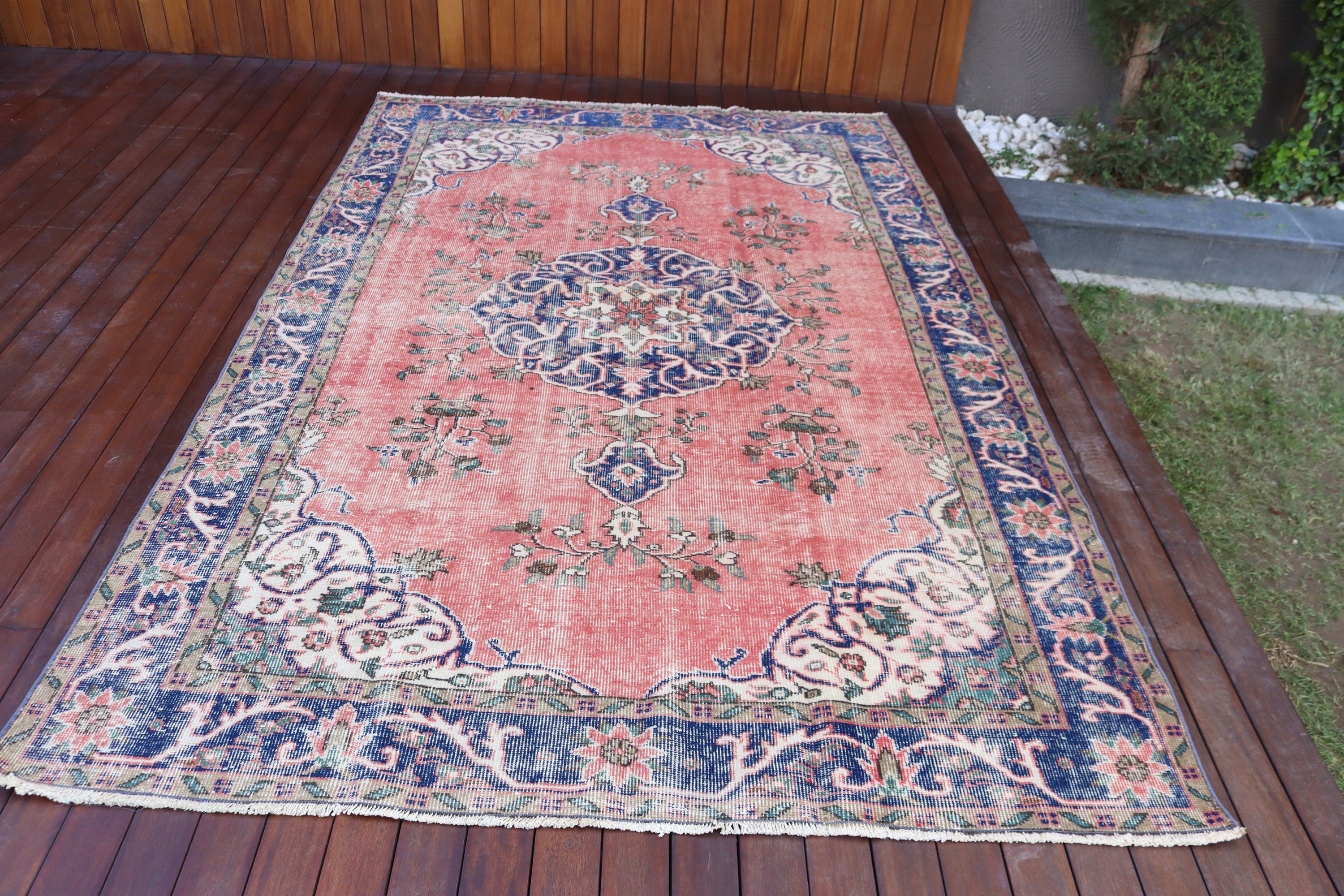 5.9x9.2 ft Büyük Halı, Vintage Halı, Salon Halısı, Büyük Oushak Halısı, Salon Halıları, Nötr Halı, Kırmızı Nötr Halı, Geometrik Halı, Türk Halısı