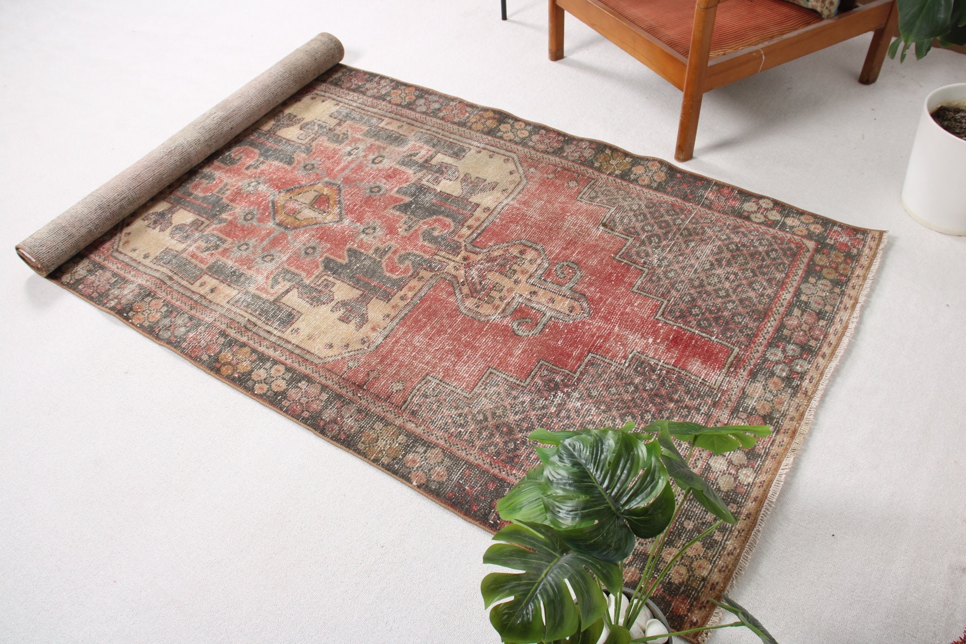 Bedroom Rugs, Rugs for Living Room, Kitchen Rug, 3.8x8.5 ft Area Rugs, Vintage Rug, Red Oushak Rug, Turkish Rug, Retro Rugs, Oushak Rug