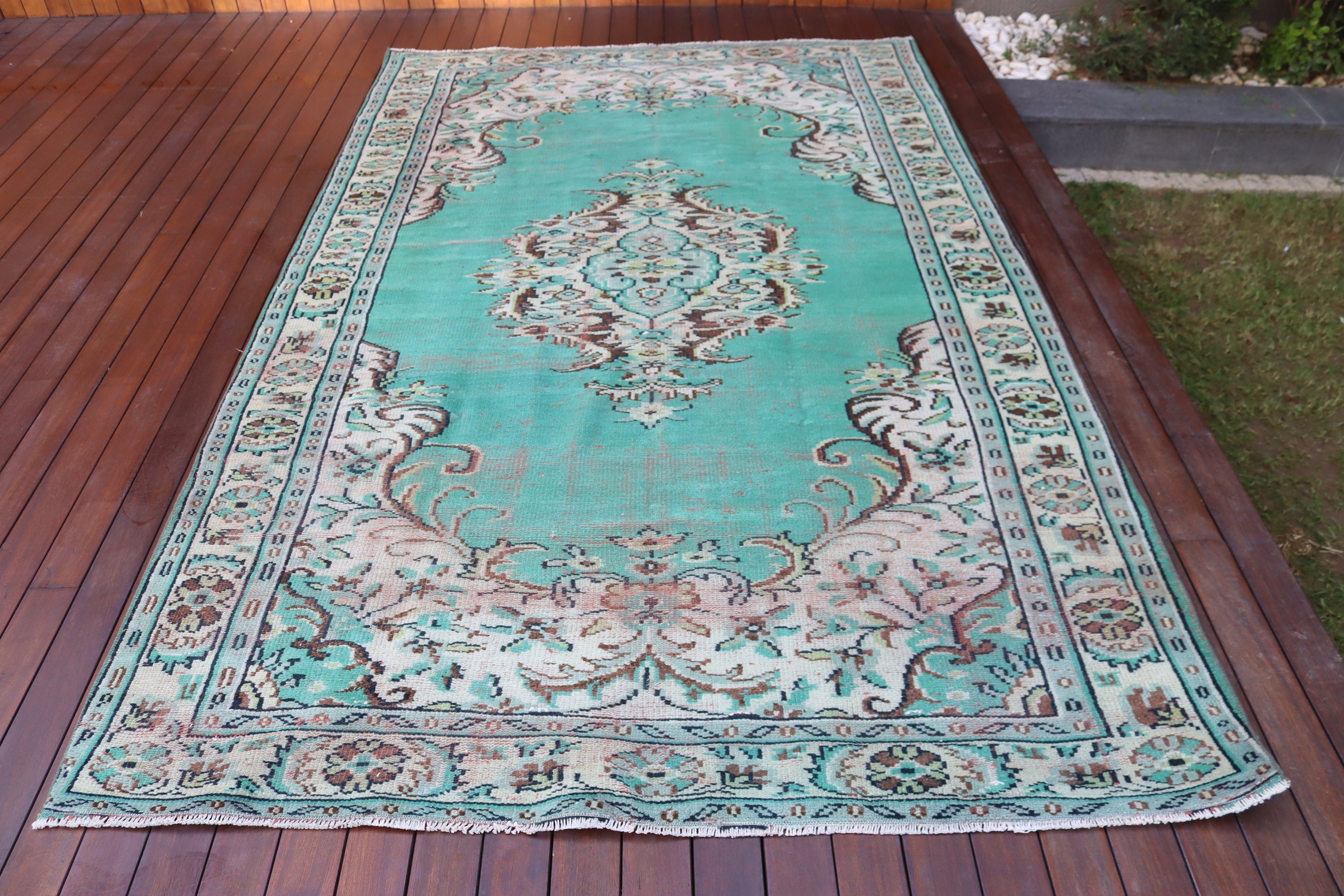 Vintage Halılar, 5.7x9.2 ft Büyük Halı, Büyük Boho Halı, Yeşil Yün Halı, Geometrik Halı, Ev Dekor Halısı, Türk Halıları, Oturma Odası Halıları