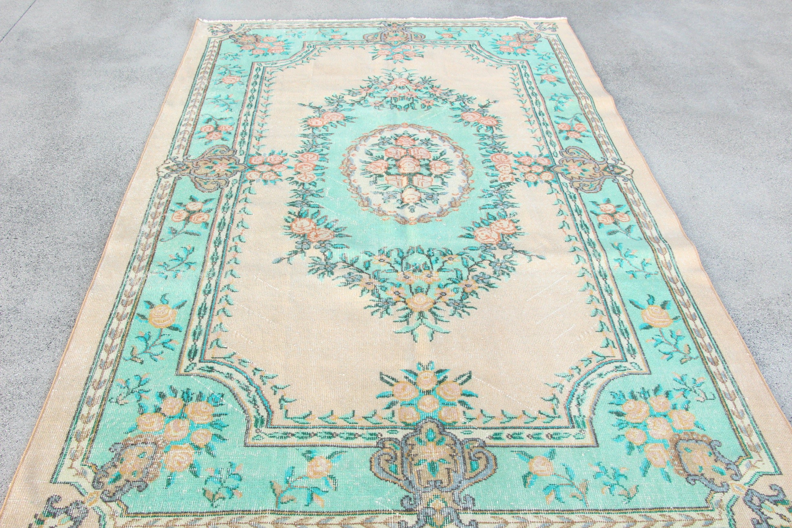 Oturma Odası Halıları, 5.5x8.3 ft Büyük Halı, Türk Halısı, Nötr Halı, Yeşil Açıklama Halısı, Vintage Halılar, Büyük Oushak Halıları, Oryantal Halılar