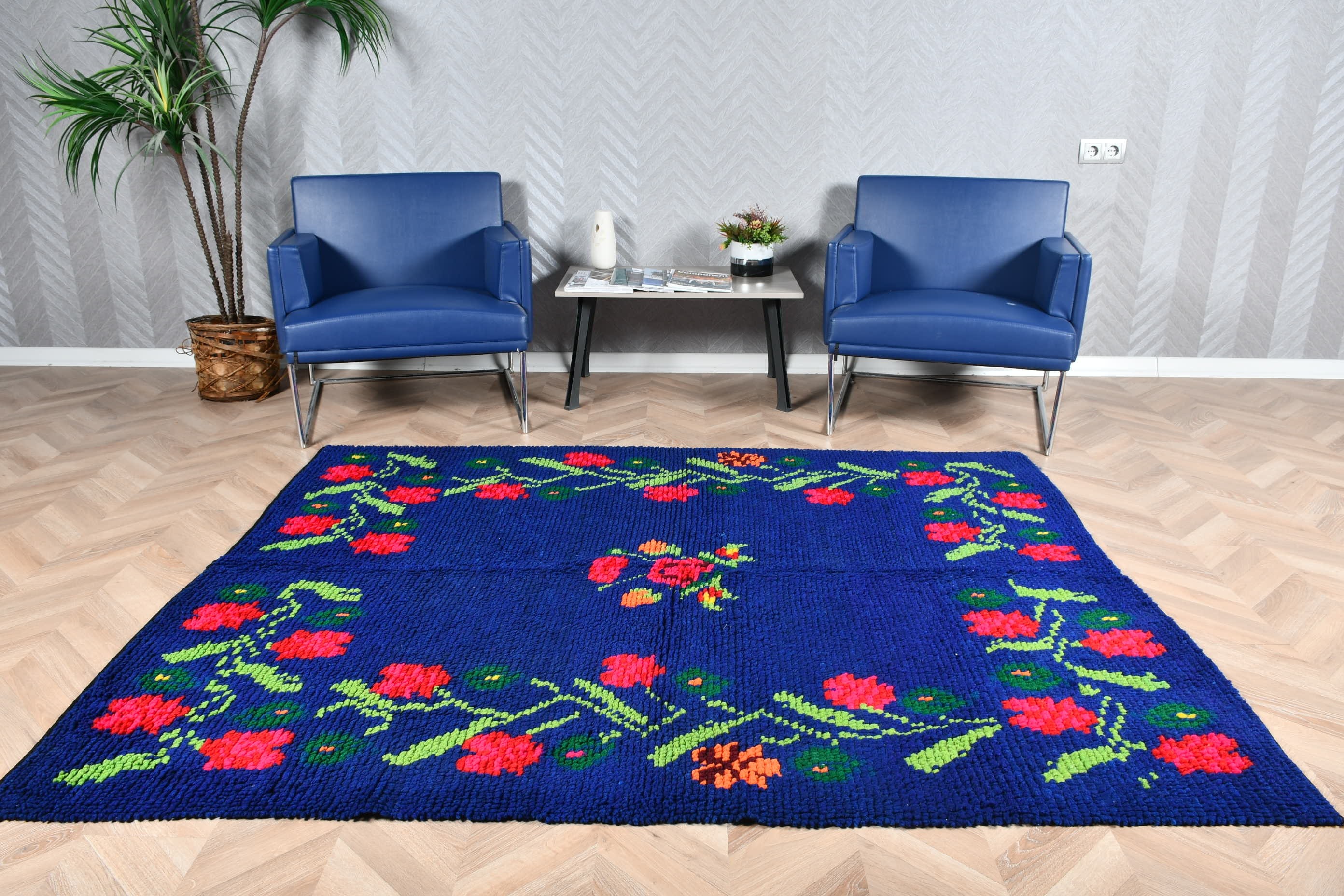 Blue  5.3x6.9 ft Area Rug, Cute Rug, Turkish Rug, Rugs for Bedroom, Vintage Rugs, Cool Rug, Floor Rugs, Indoor Rug, Art Rugs