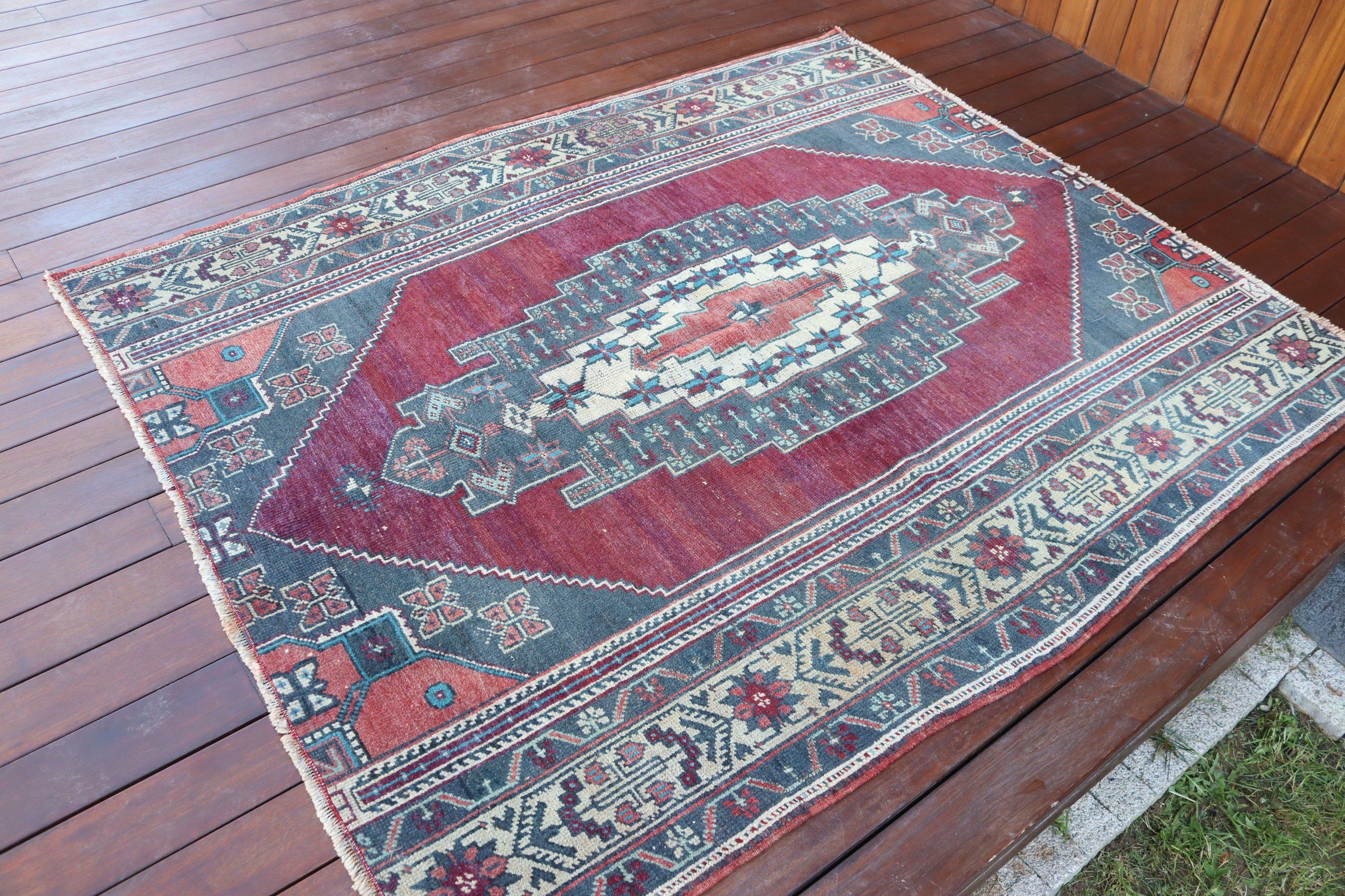 Kırmızı Boho Halılar, Yatak Odası Halıları, Açıklama Halısı, Türk Halıları, Boho Vurgulu Halılar, El Dokuma Halılar, 4.3x5.4 ft Accent Halı, Vintage Halılar