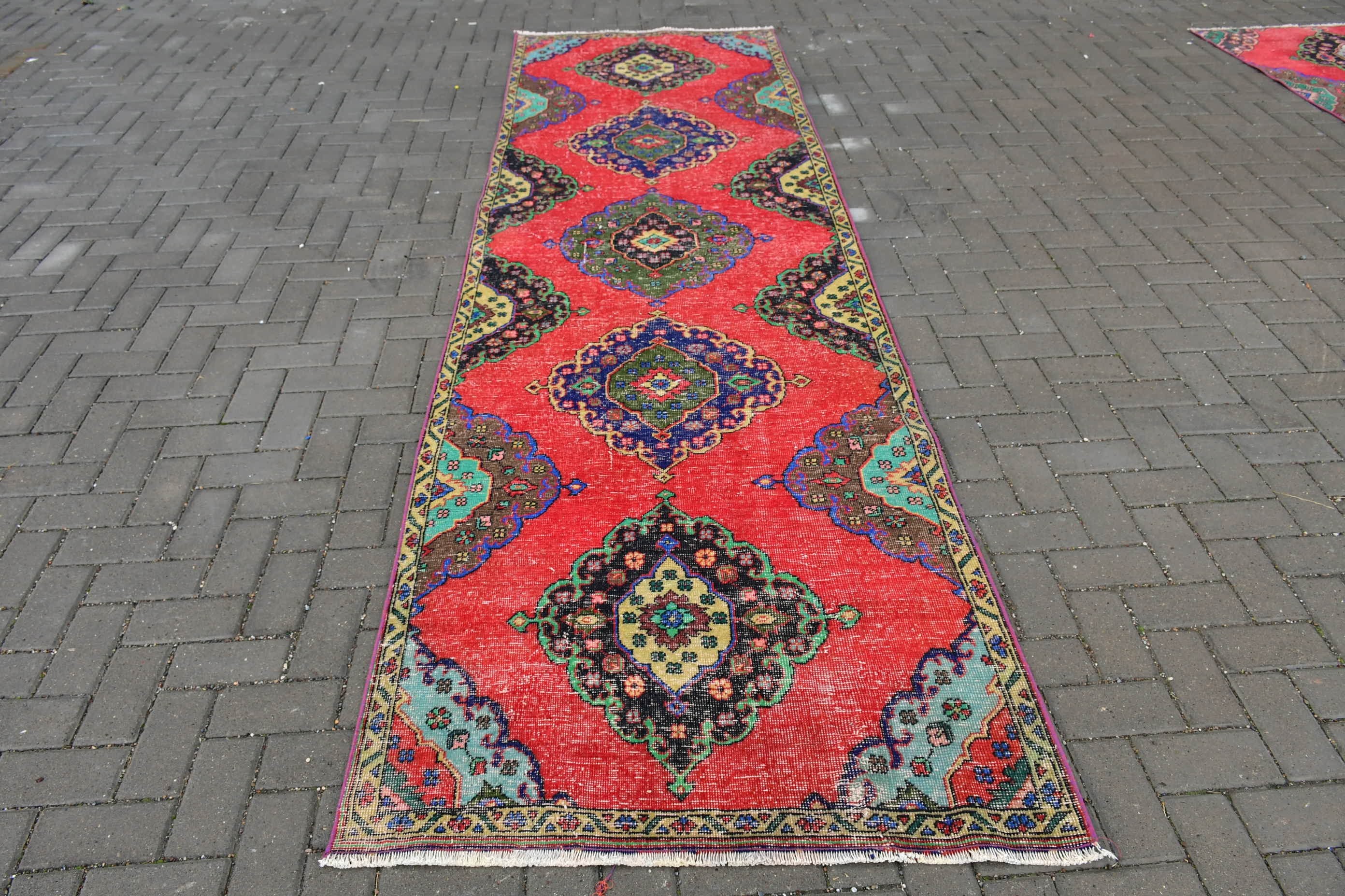 Moroccan Rug, 3.5x11.9 ft Runner Rugs, Stair Rug, Turkish Rug, Bohemian Rug, Rugs for Kitchen, Oushak Rug, Vintage Rug, Red Floor Rugs