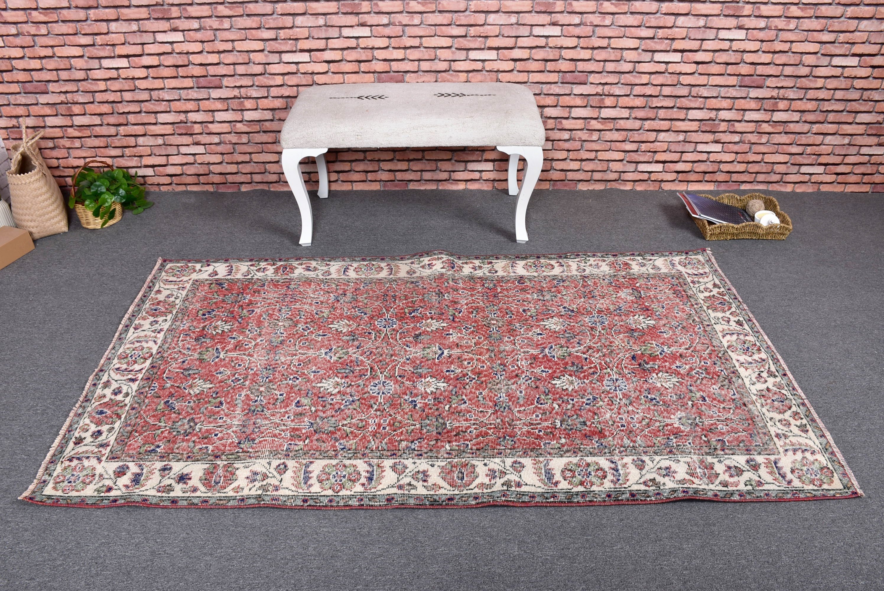 Mutfak Halıları, Kırmızı El Dokuma Halı, Lüks Halılar, Vintage Halılar, Nötr Halı, 3,8x6,7 ft Alan Halıları, Yemek Odası Halıları, Türk Halıları, Havalı Halı