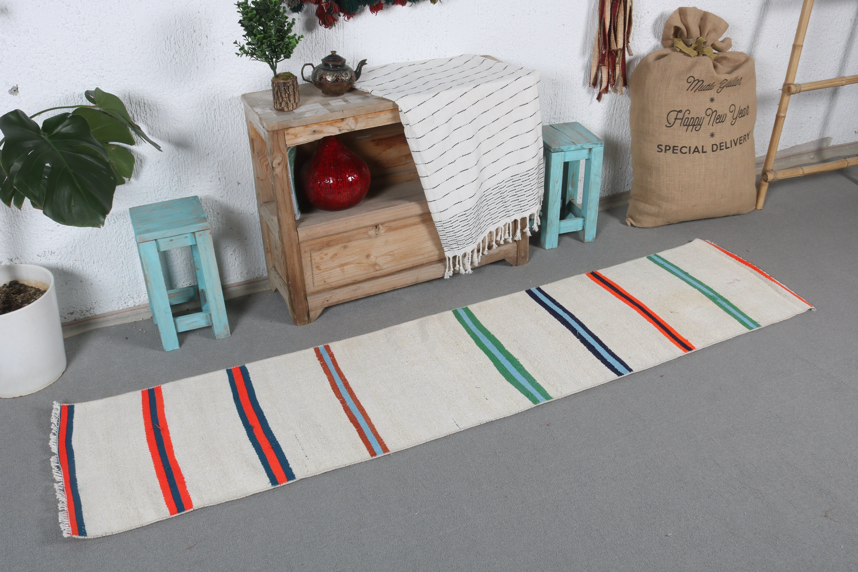 Vintage Rugs, Hallway Rugs, White Oushak Rugs, Kitchen Rug, Cute Rug, 1.6x7 ft Runner Rugs, Turkish Rug, Rugs for Corridor