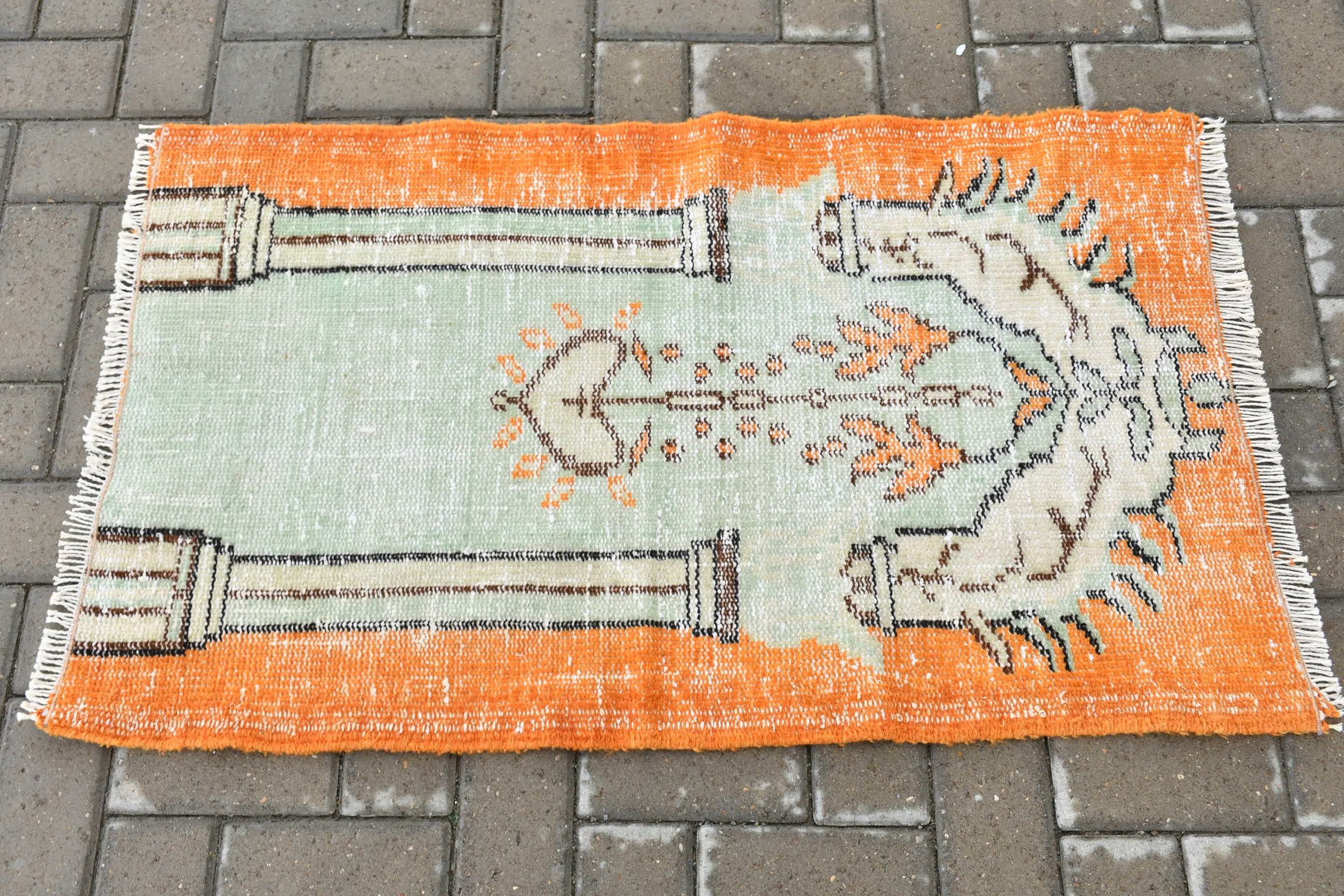 Cute Bath Mat Rugs, Wool Rug, 2.1x3.5 ft Small Rug, Bedroom Rugs, Orange Oriental Rug, Entry Rug, Oriental Rug, Turkish Rug, Vintage Rug